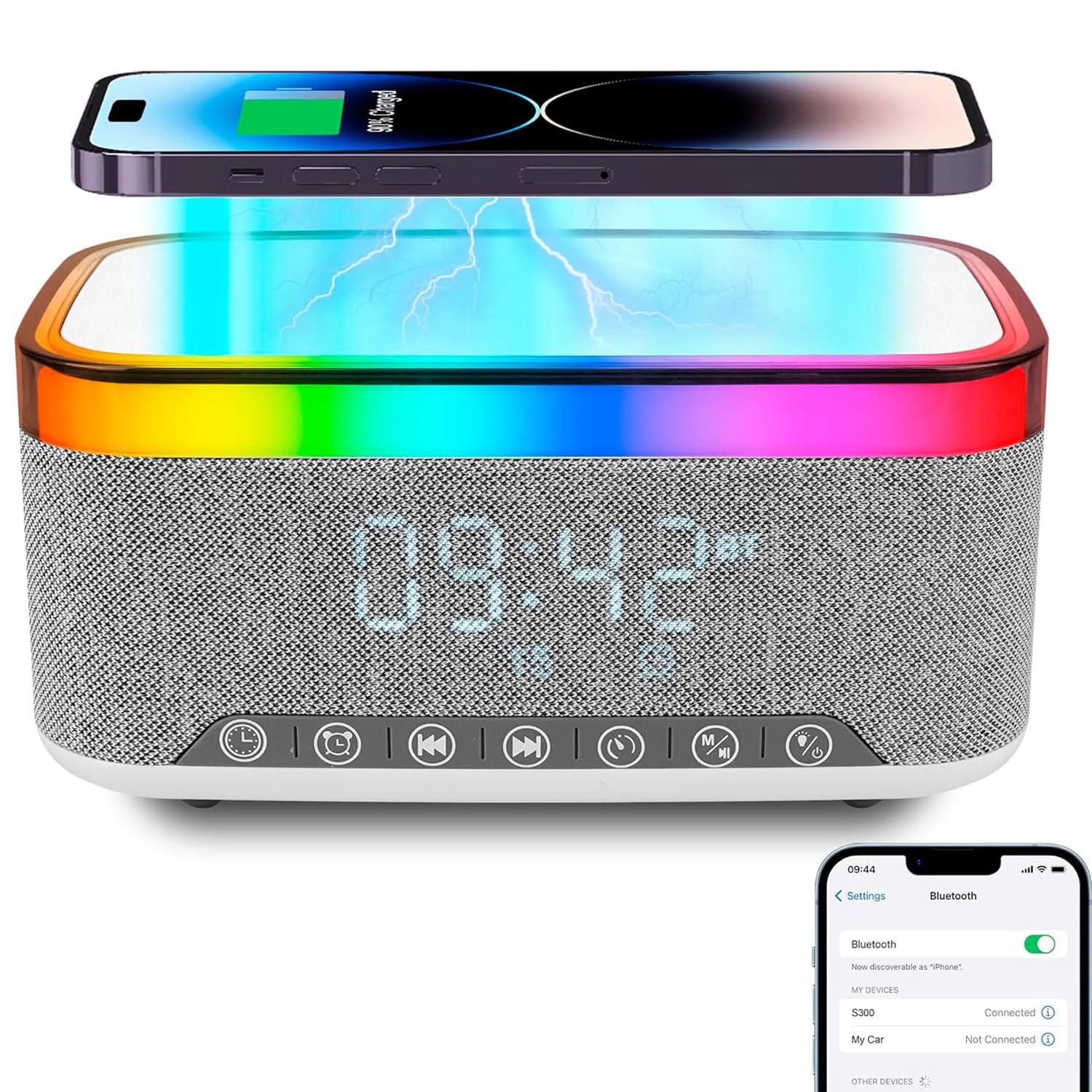 Lámpara de Carga inalámbrica, Despertador con Cargador por inducción, Altavoz Bluetooth con iluminación Ambiental Sincronizada con la música, para Dormitorio/Camping/decoración de salón.