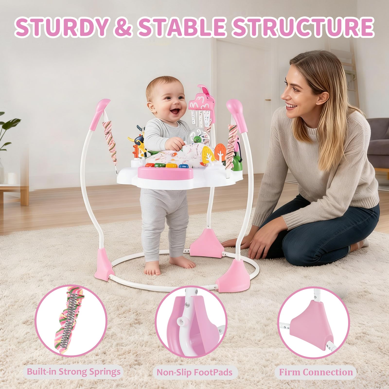 LIFEZEAL Trotteur pour Bébé, Trotteur en 3 Hauteurs Réglables avec 6 Jouets Interactifs, Lumières et Musique et Table de Jeu Rotative, Marcheur pour 6+ Mois Bébé (Rose)