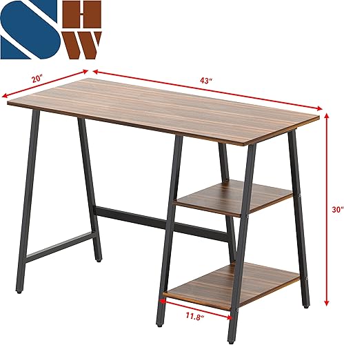 Miniatura 3 de SHW Escritorio para computadora con caballete de oficina en casa de 43 pulgadas con estantes de almacenamiento abiertos, nogal Nogal,Blanco,Negro