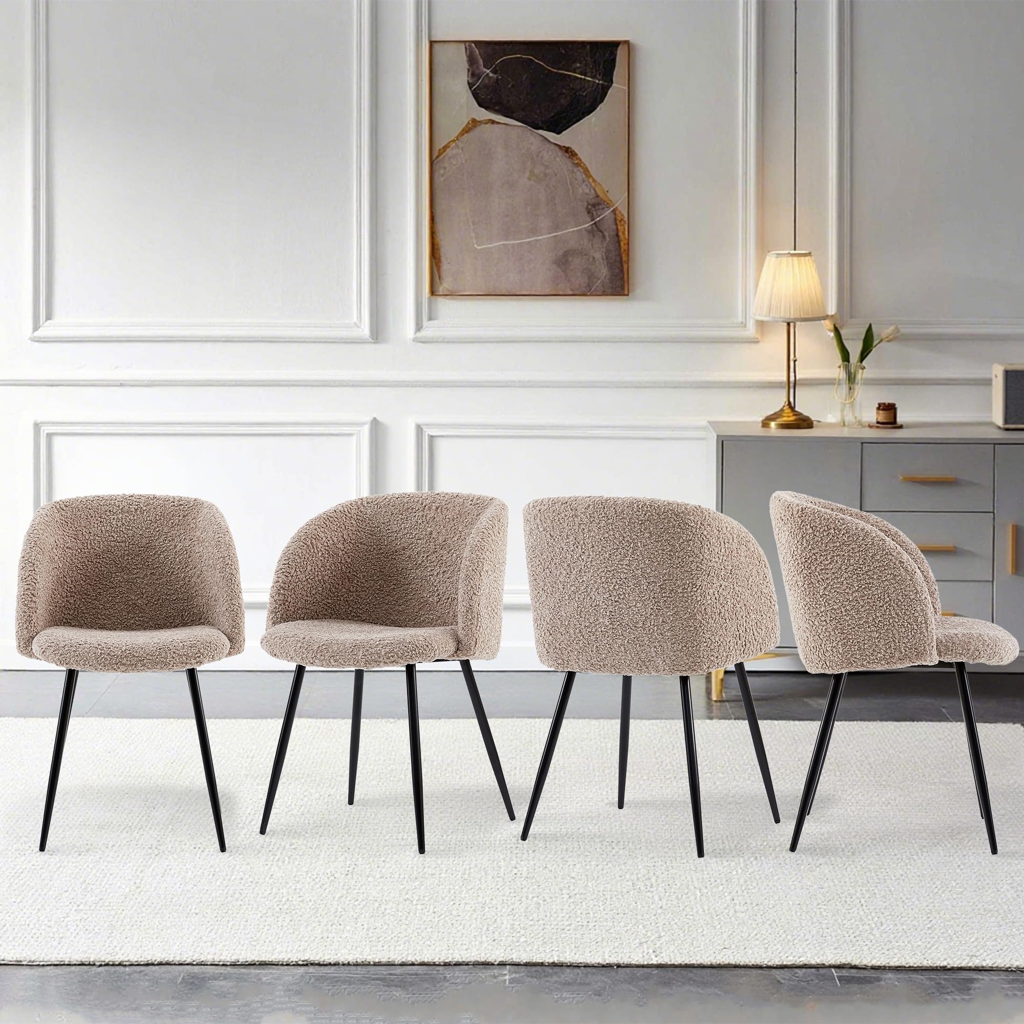 NORDICANA Esszimmerstühle 4er Set, Teddy Sessel, Schminktisch Stuhl, Küchenstühle, Wohnzimmerstuhl, Schwarze Metallbeine, Kunstpelz, Braun, für Wohnzimmer, Esstisch, Schminktisch