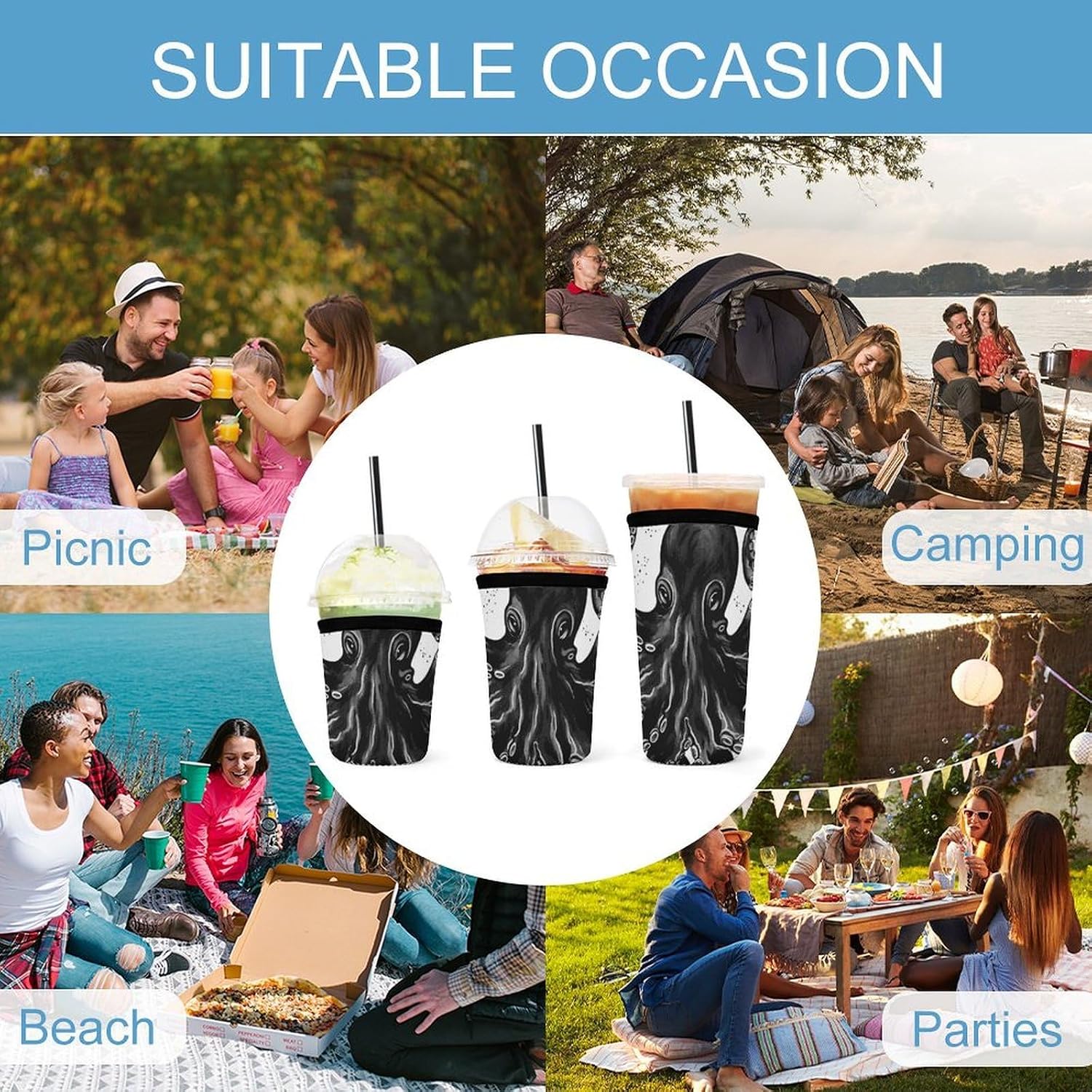 3 Pack Neoprene Cup Sleeves, Stretchy Reusable Drink Cup Cover Universal