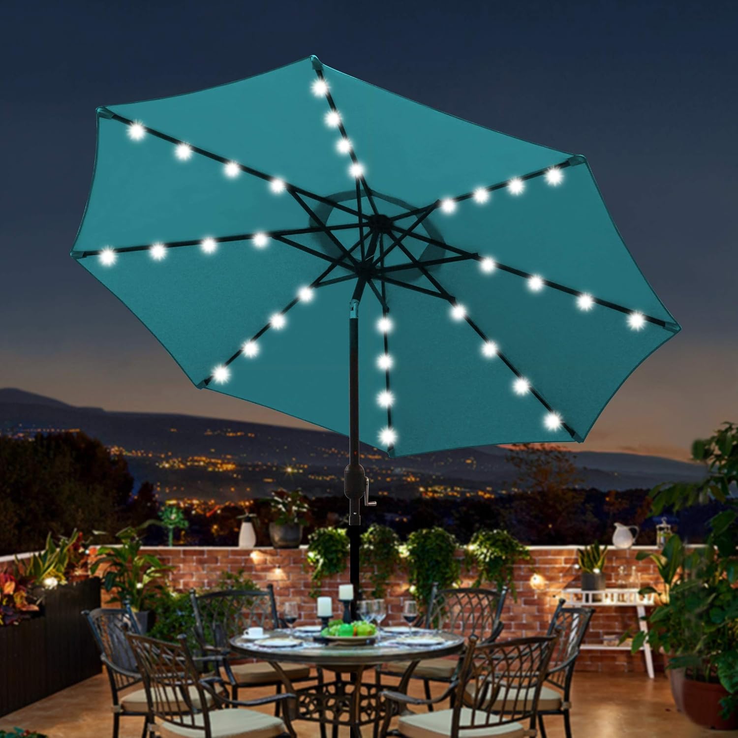 Blissun 9 ft Solar Umbrella 32 LED Lighted Patio Umbrella Table Market Umbrella with Tilt and Crank Outdoor Umbrella for Garden, Deck, Backyard, Pool and Beach (Cerulean) : Patio, Lawn & Garden