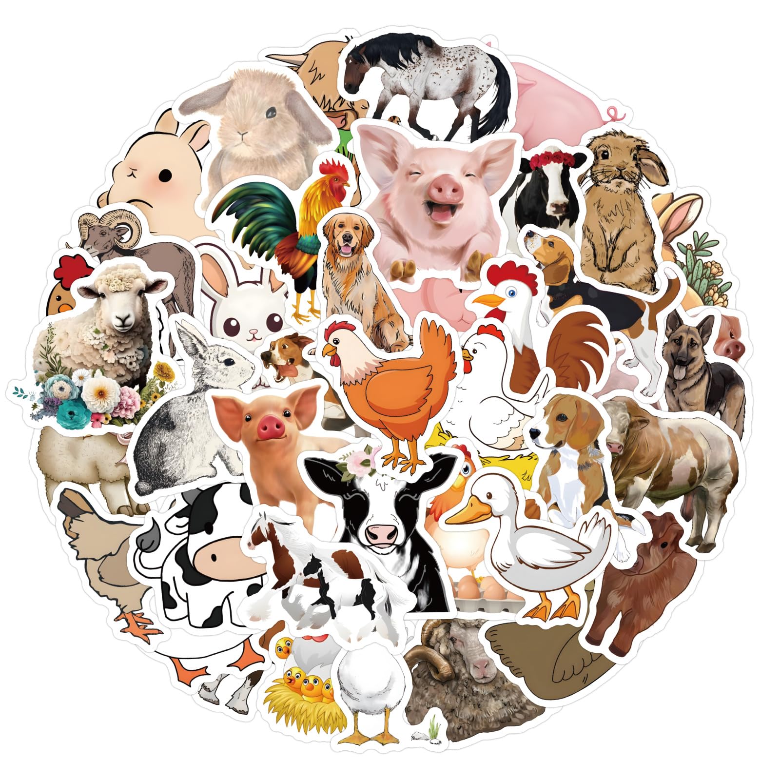 60 Piezas Animales de Granja Pegatinas para Niños y Niñas,Adolescentes,Portátiles,Maleta,Bicicletas,Monopatín,Guitarra,Casco,Equipaje,Coche,Farm Animal Impermeable Vinilo Pegatinas Decorativas