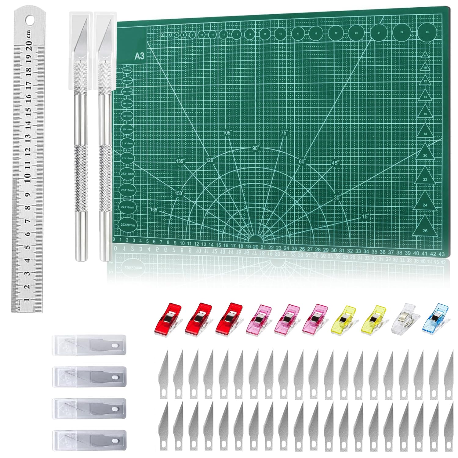 Tappetino Taglio A3 Autorigenerante Verde Doppia Faccia Tappetino Modellismo con Righello in Acciaio 42 Lama di Ricambio 10 Clip da Cucito 2 Coltello Intaglio Cutting Mat per Artigianato Cucito