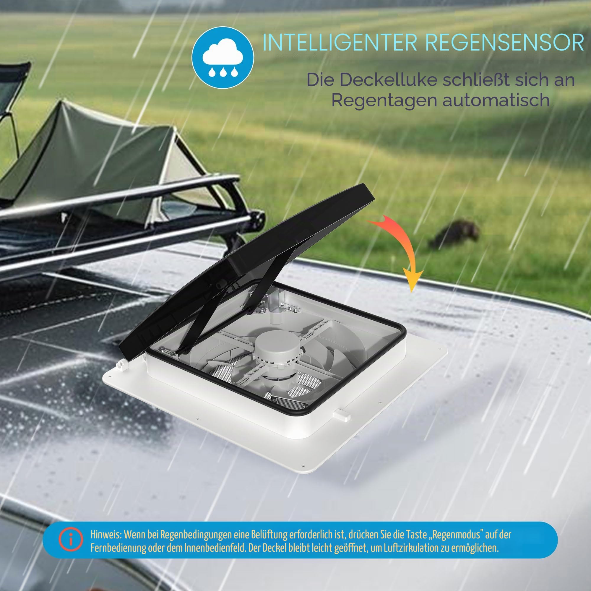 2012 Wohnmobil Dachventilator 400 mm, 12V Dachlüfter mit LED-Licht & Fernbedienung, Reversibler RV Abluftventilator für Wohnwagen, Extrem Leise Dauerbelüftung, UV-beständige