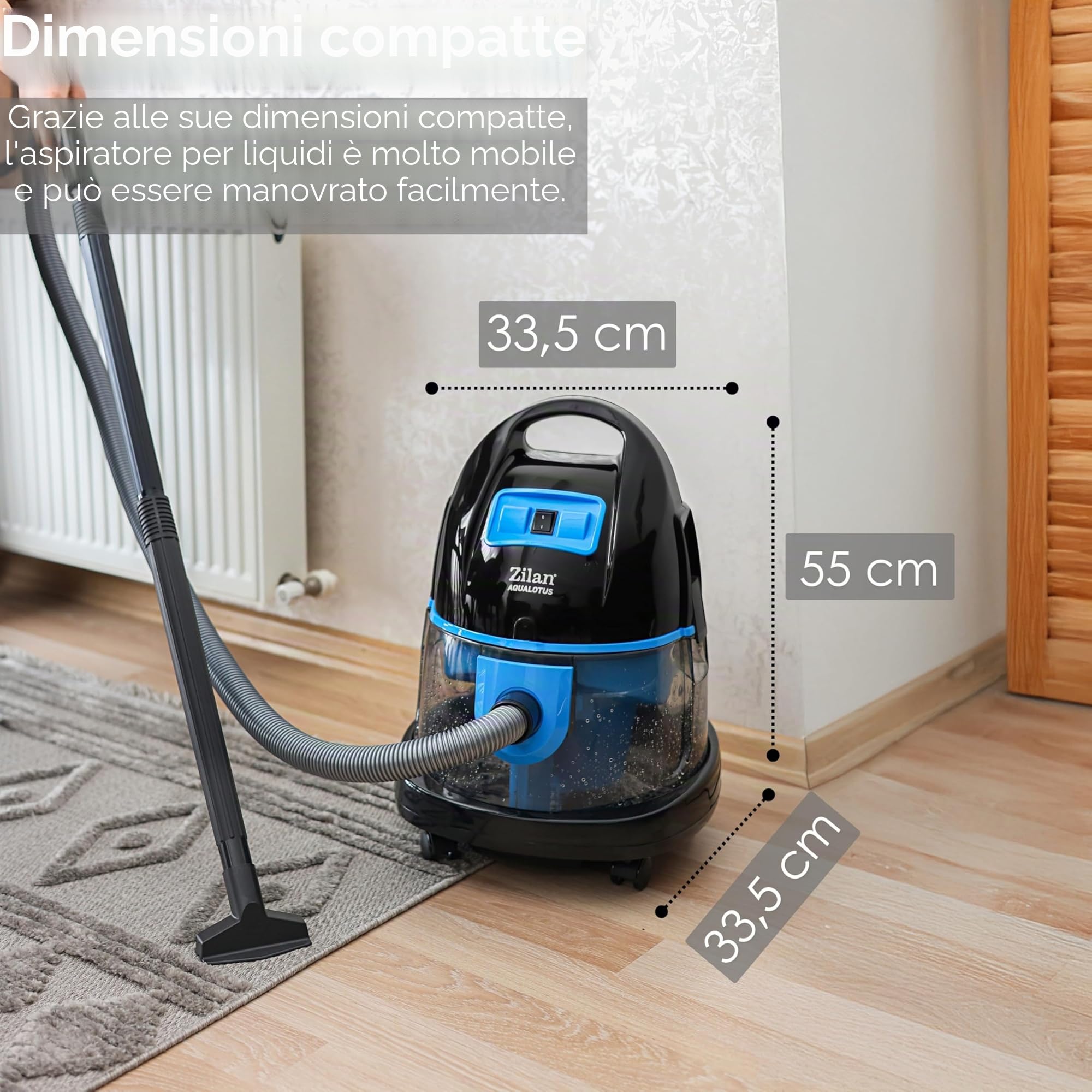 Zilan Aspirapolvere per acqua con filtro dell'acqua, senza sacchetto, EEK A H20, potenza di aspirazione 2.000 Watt, con tubo a 360°
