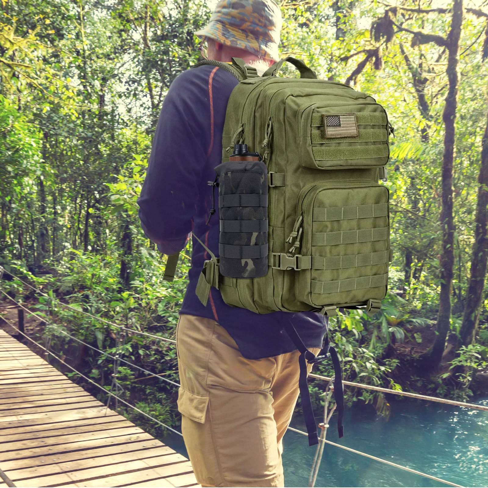 Molle System uchwyt na butelki, taktyczny, nylonowy uchwyt na napoje ze ściągaczem, składany uchwyt na butelki z siateczki, na podróż, wędkowanie, polowanie, wędrówki, aktywności na świeżym