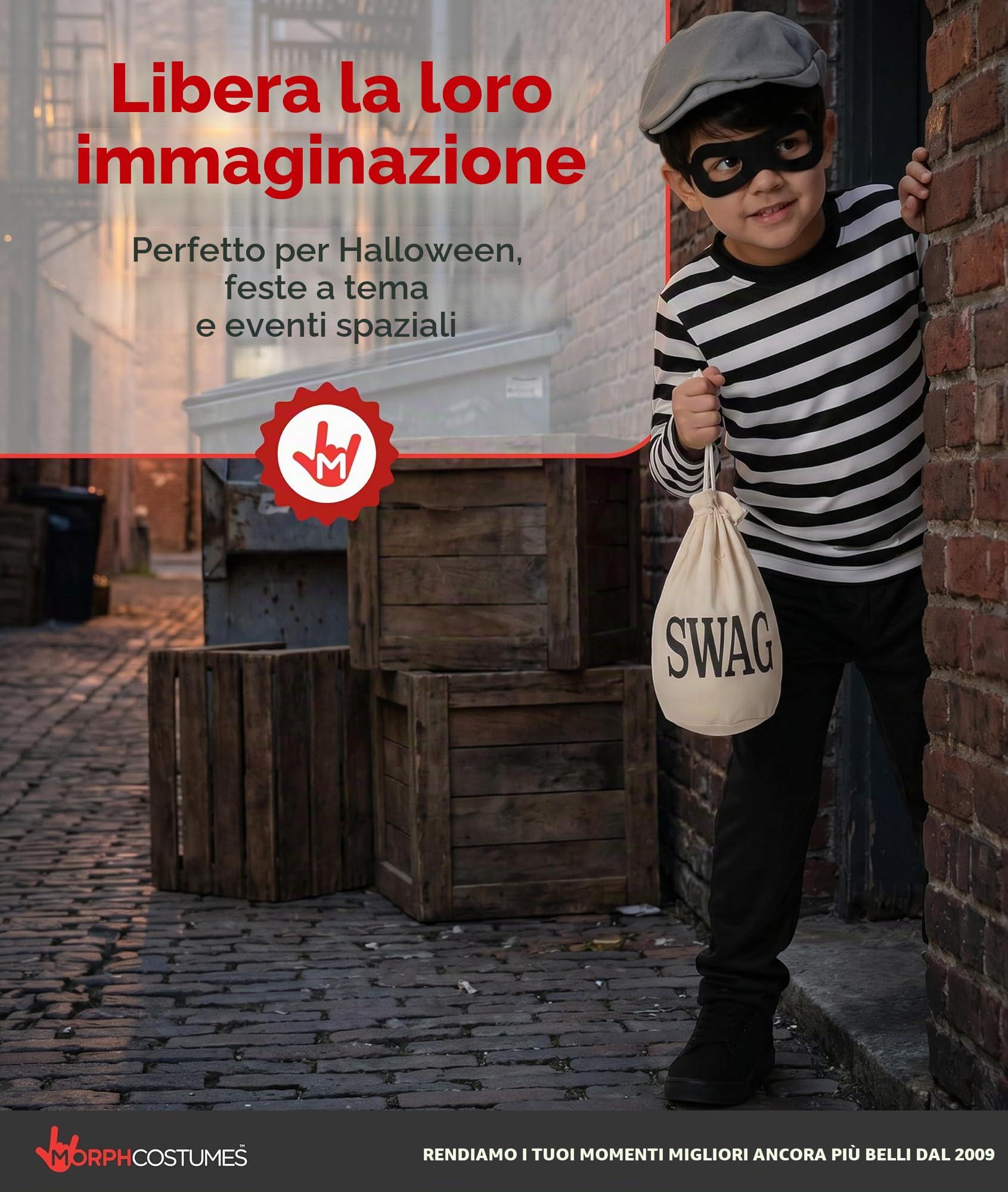 Fun Shack Costume Ladro Bambino, Costume Halloween Bambino | Maglietta a Righe, Pantaloni, Berretto, Mascherina & Sacco del Bottino, Perfetto per Halloween, Ideale per il Gioco di Ruolo