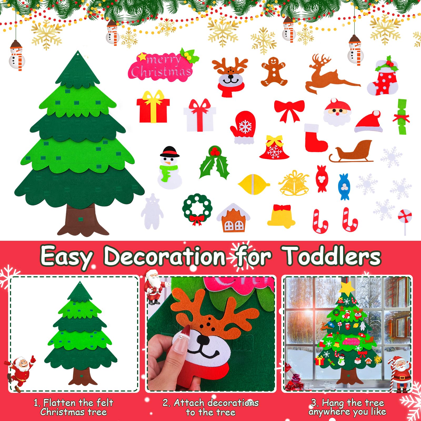 Filz Weihnachtsbaum DIY Set - 3,28ft Mit 45 Ornamenten Für Kinder