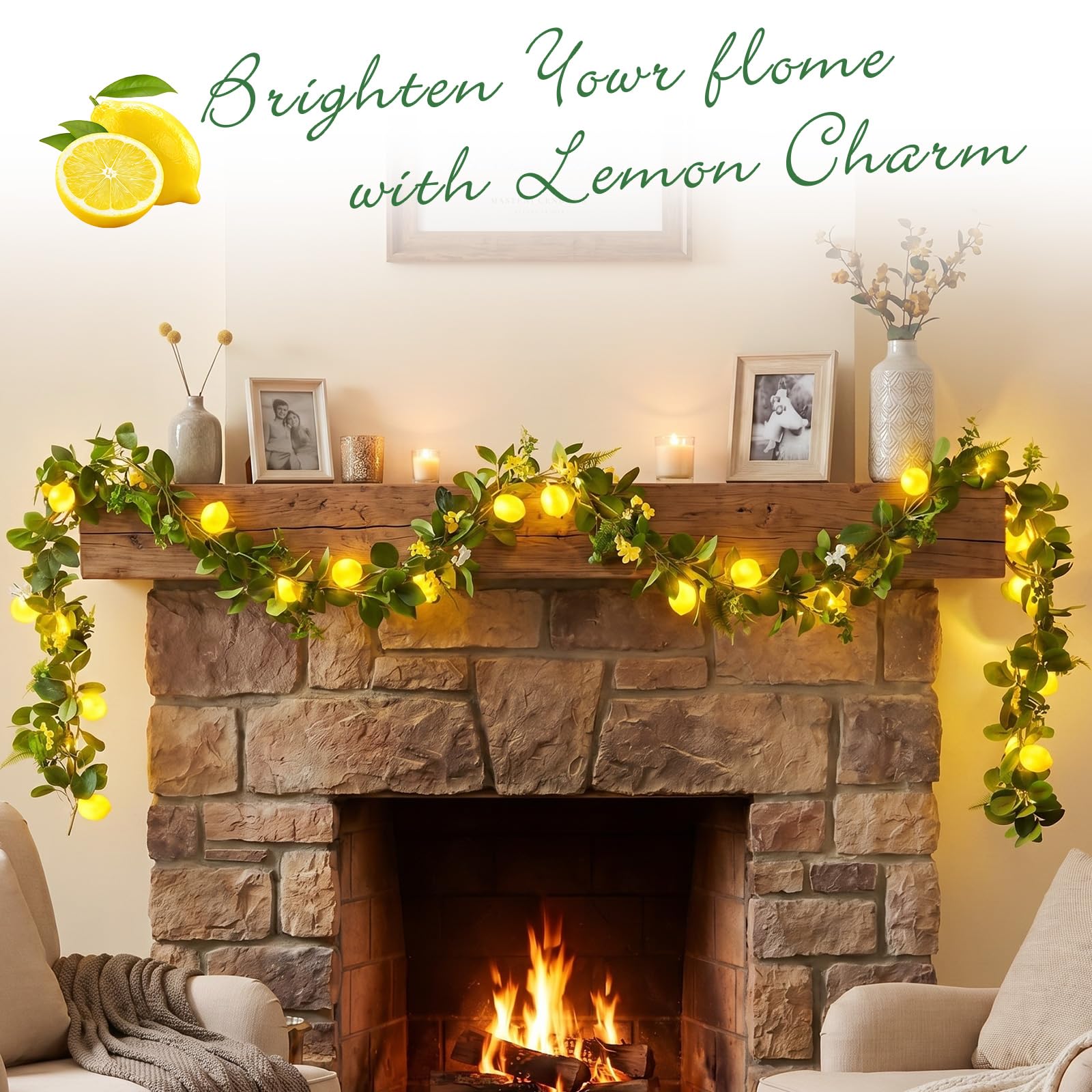 Baquler 2 Stück 3D-LED-Lichterkette, batteriebetrieben, Frühling, Sommer, künstliche Obstgirlande, Glühbirnen mit Zweigen, Blättern, Lichterketten für Hochzeit, Party, Tischdekoration, Zitronenblüte