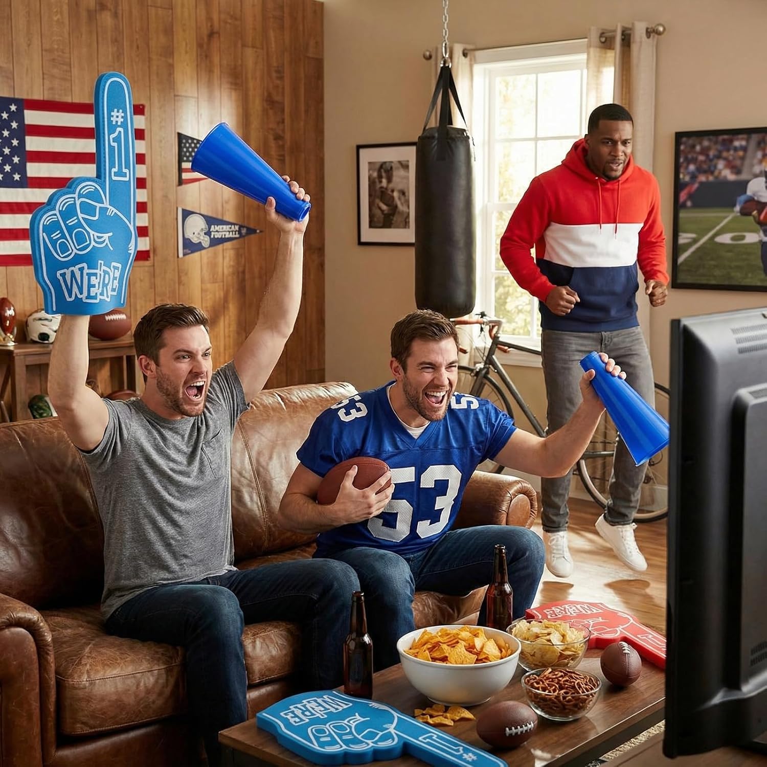 12 Pcs Giant Foam Finger 18 Inch and Blue Plastic Cheer Megaphone 8 Inch, We're Number 1 Cheerleader Foam Hand for All Kinds of Sports Events, Games, Outdoor Activities, Schools, Stadiums