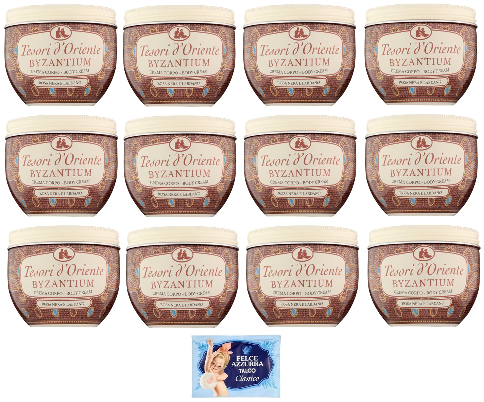 Tesori d'Oriente Crema Corpo Byzantium, 12 Stück Körpercreme, schwarze Rose und Ladanum, 300 ml + 1 Packung gratis Felce Azzurra Talk im Beutel, 100 g