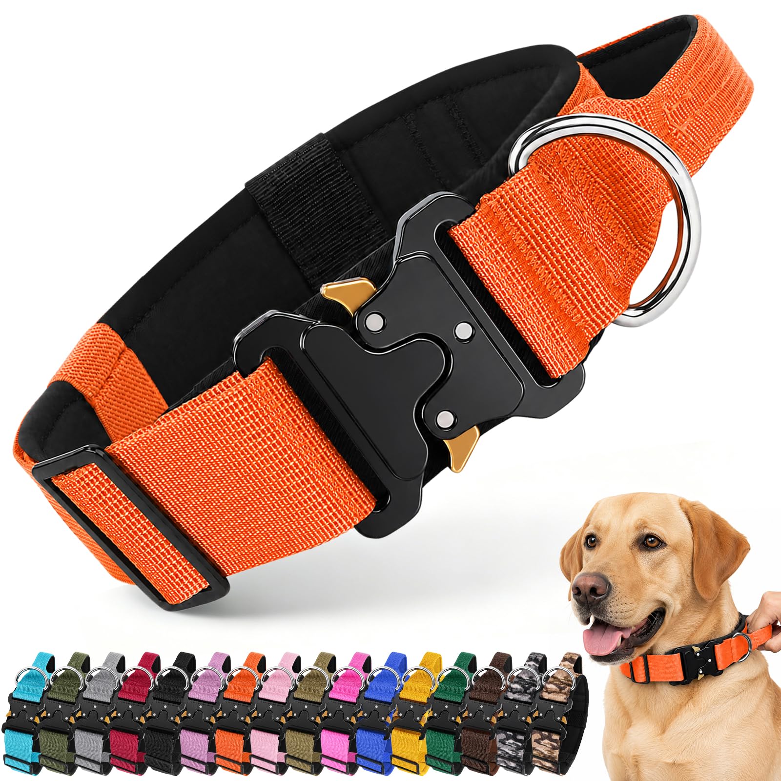 Adjustable Tactical Dog Collar, Heavy Duty Wide Thick Padded Nylon Pet Collar, Soft Comfortable Dog Collars with Quick Release Metal Buckle and Handle for Medium Large Dogs Walking (Orange, XL)