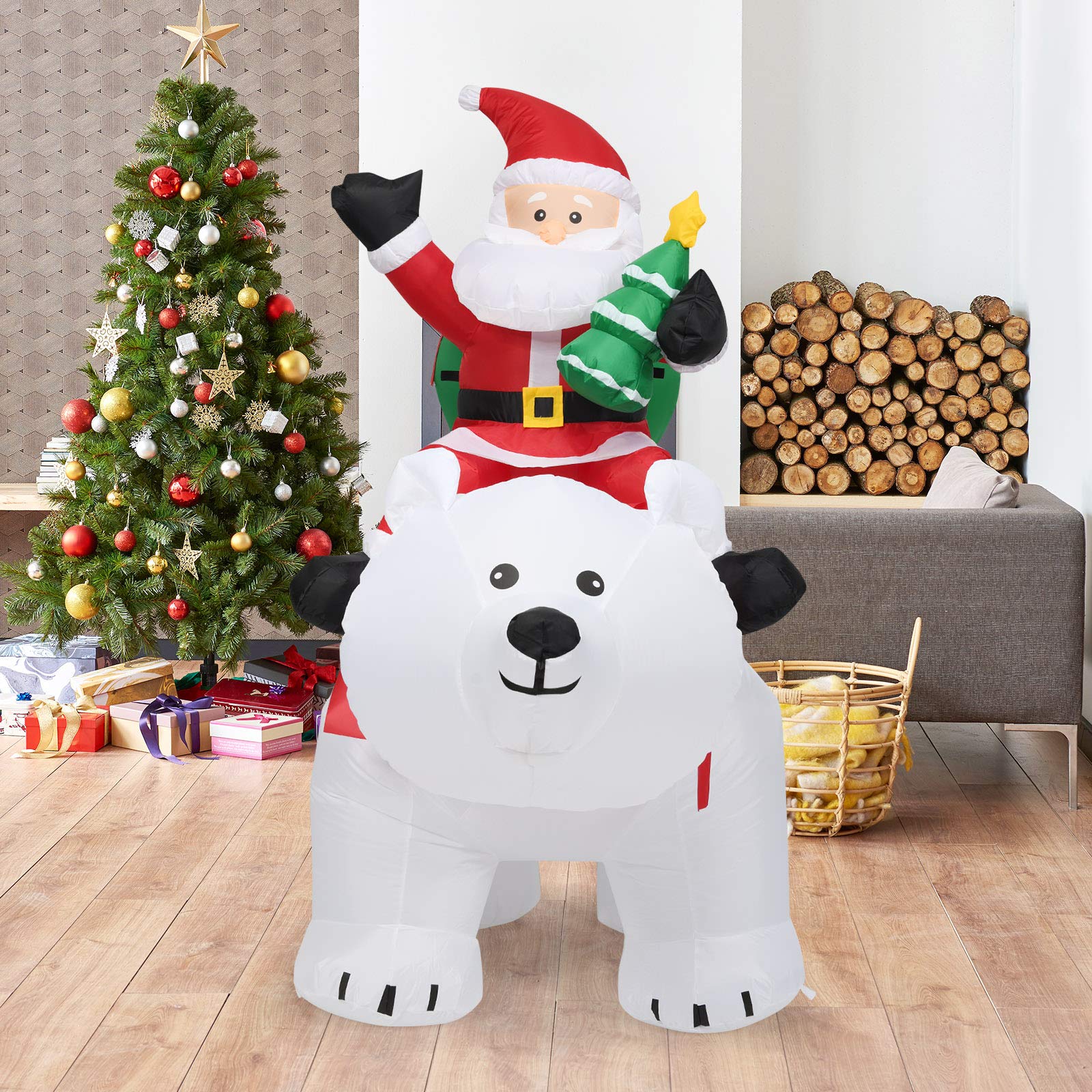 COSTWAY 200cm Aufblasbarer Weihnachtsmann Eisbär mit wackelndem Kopf, Weihnachtsfigur mit LED-Innenbeleuchtung, Weihnachtsdekofigur inkl. Gebläse und Montagezubehör