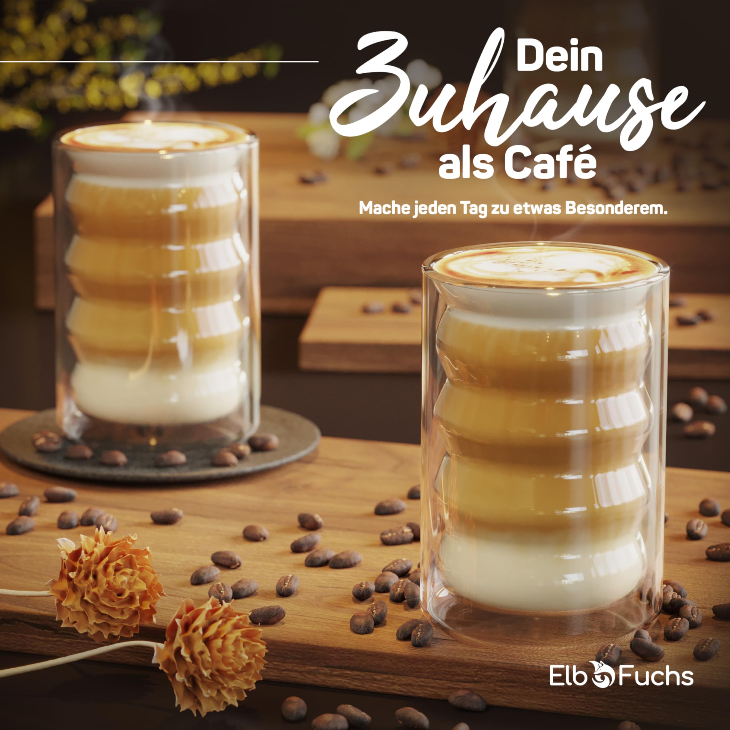 ElbFuchs® Latte Macchiato Bubble-Gläser Set [4×400 ml] Doppelwandige Thermogläser, kristallklar mit Löffeln | Cappuccino-Gläser, Kaffeegläser & Teegläser