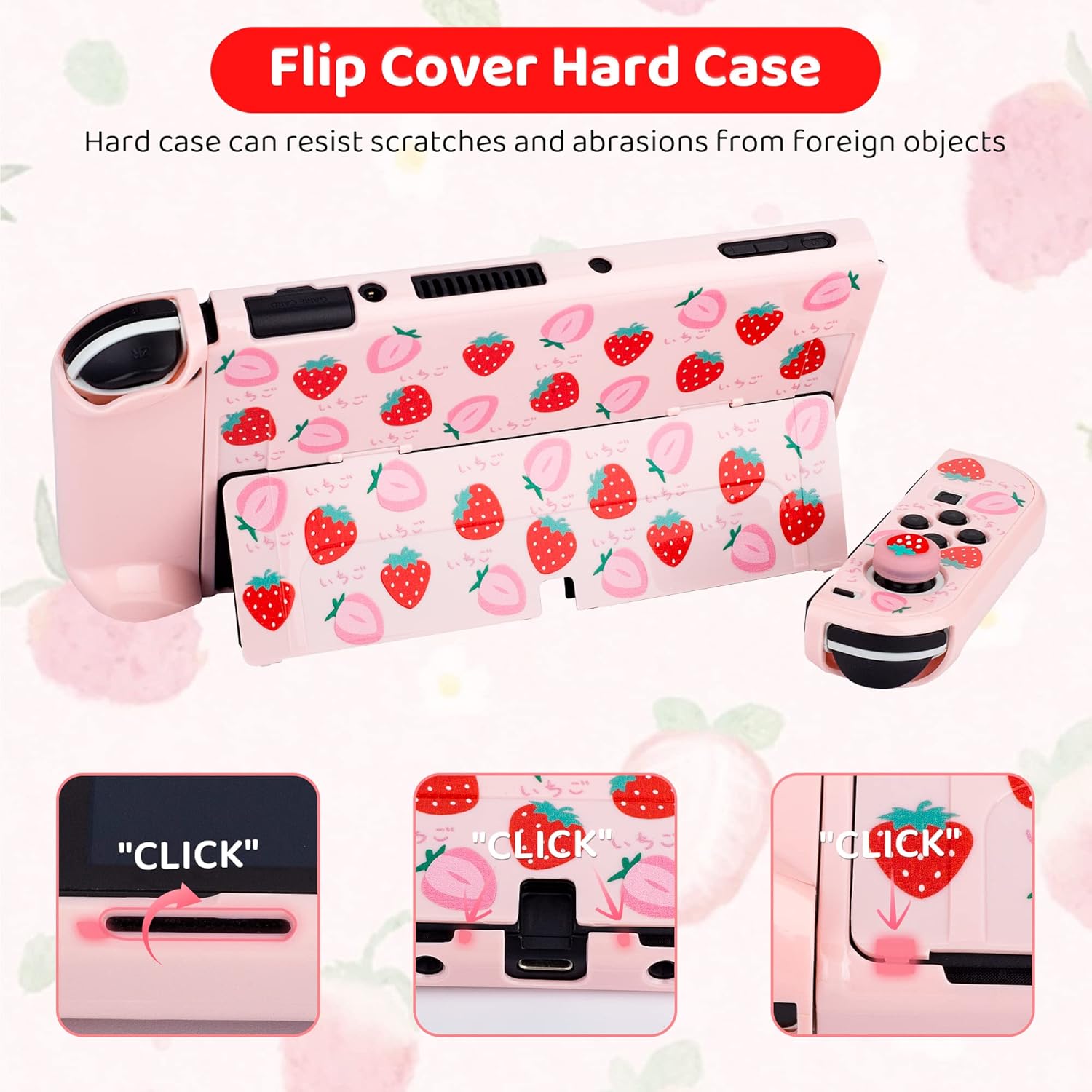 FUNDIARY Strawberry Pink Carrying Case for Nintendo Switch OLED, Cute Travel Case Protector for Switch oled Accessories with Strawberry Carry Bag Pink Protective Cover Screen Protector and Thumb Caps - Image 5