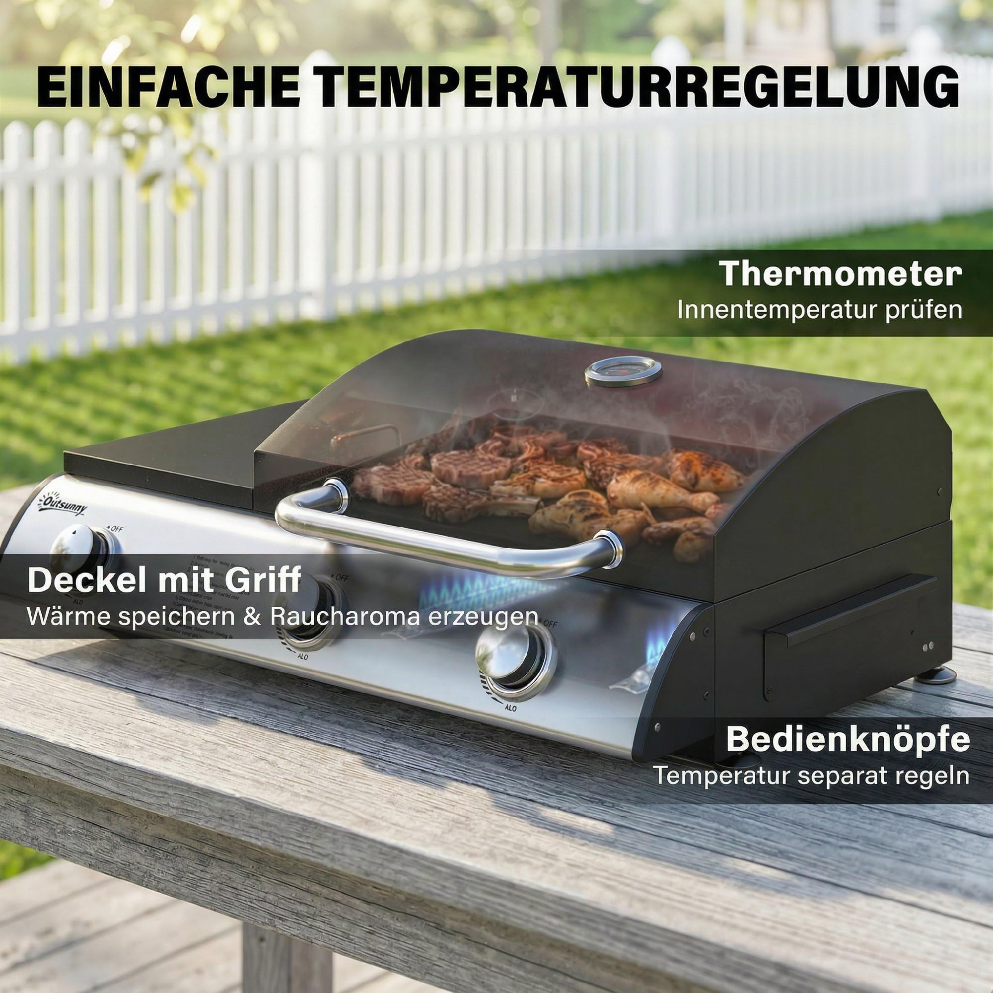Outsunny Barbecue à gaz 7,5 kW portable avec 3 brûleurs, table latérale, plaque de cuisson en émail, grilles de cuisson amovibles, bac récupérateur de graisse, thermomètre, barbecue à gaz de table