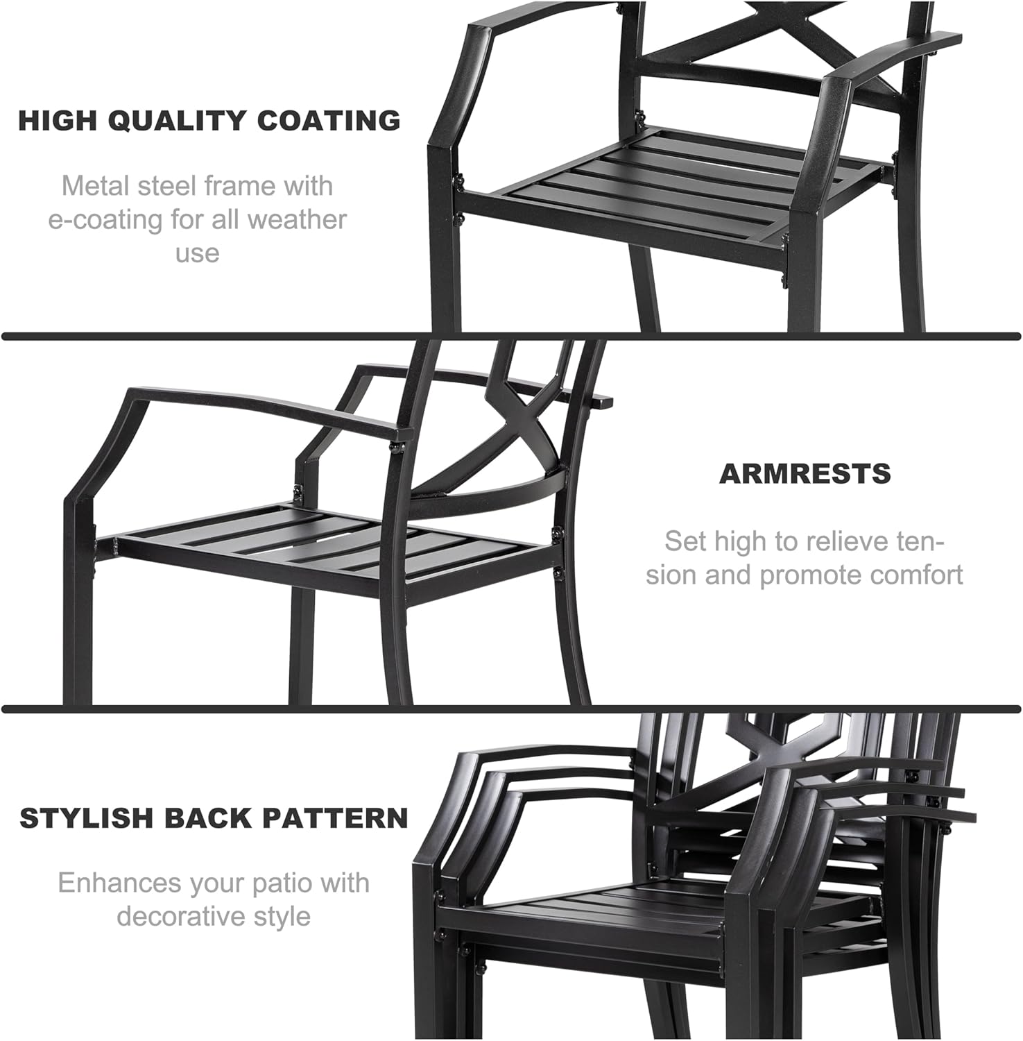 NUU GARDEN 5 Piece Outdoor Dining Set Wrought Iron Patio Furniture, 4 Stackable Dining Chairs and Square Dining Table with Umbrella Hole for Lawn, Backyard, Balcony, Black