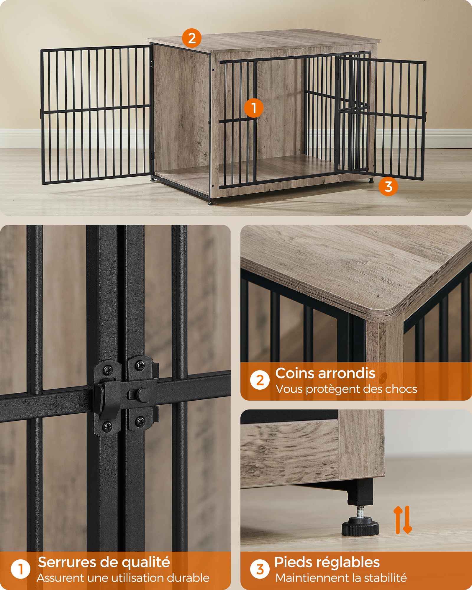 Feandrea Meuble Cage pour Chien, Table d’Appoint, Niche Moderne pour Chiens Jusqu’à 37 kg, Cage Solide pour Chien avec Fond Plein, Double Porte, Grège Chiné PFC024G01