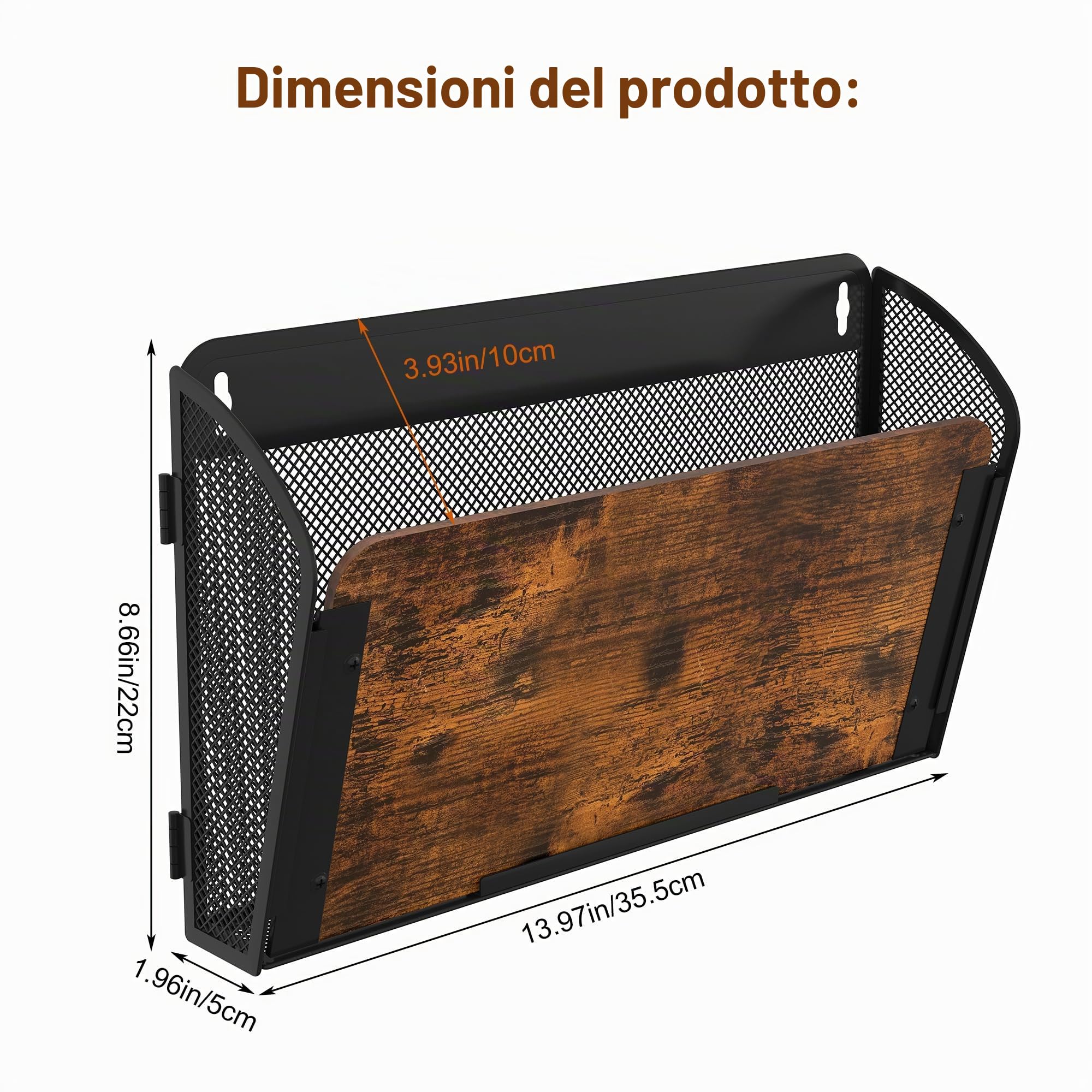 TQVAI Organizer Documenti Parete, 4 Tasche Metallo Legno Portariviste Parete Scaffale per Documenti A4 Organizzatore Scrivania Ufficio Casa, Antico/Nero