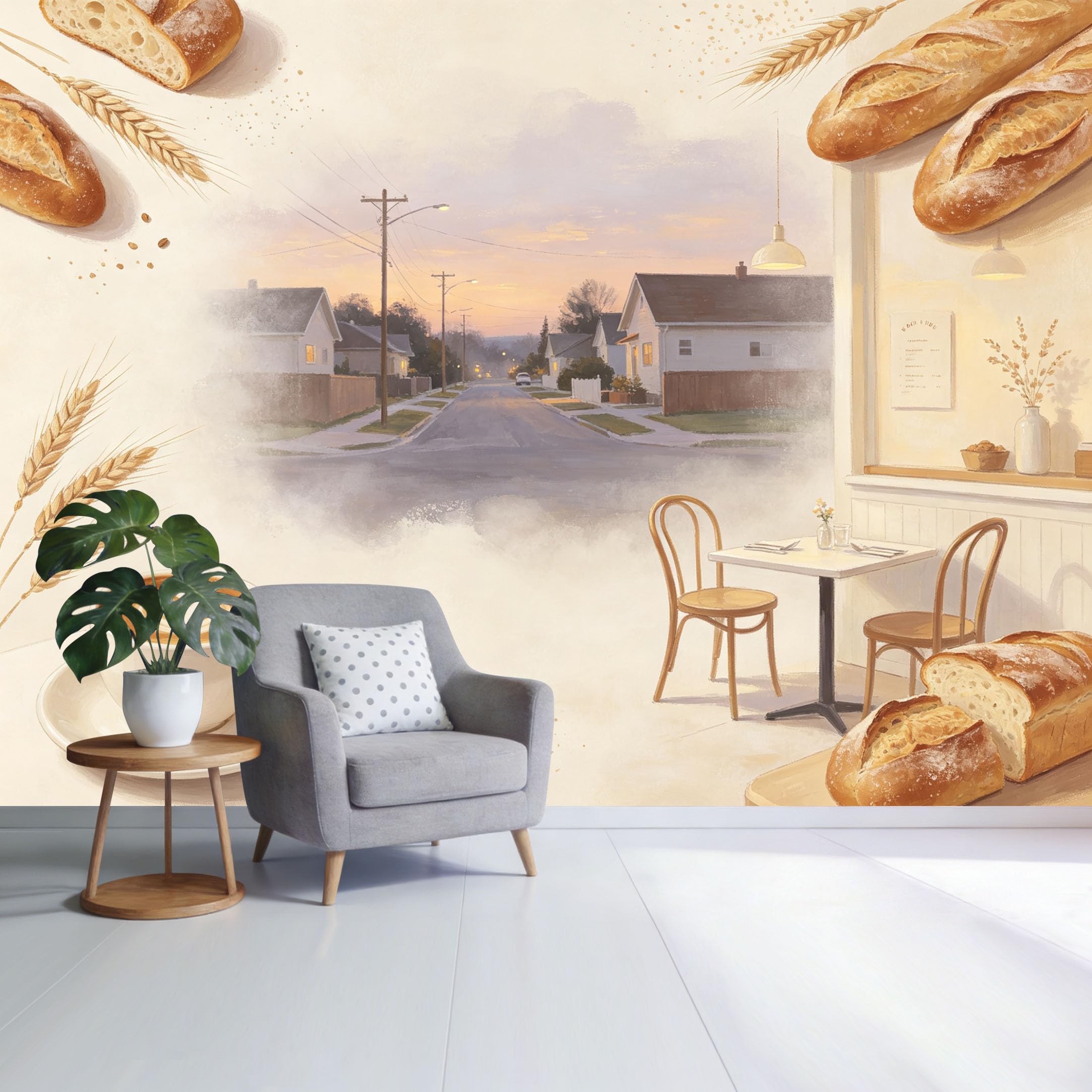 Custom Size Wall Mural Cozy Cafe Street View Latte Art Bread Wheat Watercolor Style SelfAdhesive Wall Fabric Removable Wallpaper for Home Office Decor