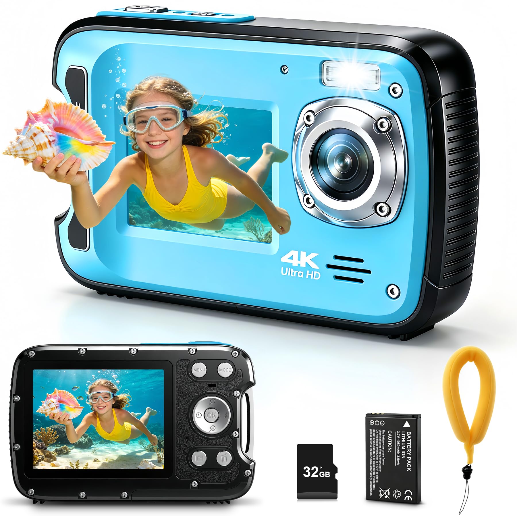 Fotocamera subacquea 4K 17FT Fotocamera impermeabile con scheda da 32 GB Autofocus da 48 MP Fotocamera subacquea per selfie a doppio schermo Fotocamera subacquea per snorkeling Fotocamera digitale