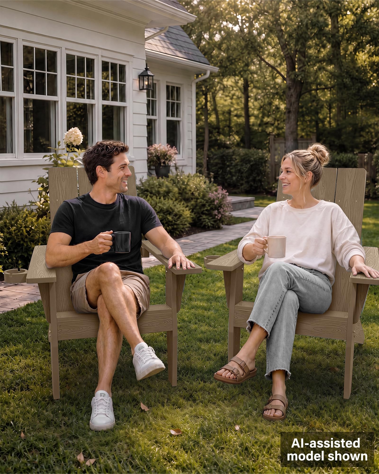 MXIMU Chaise Adirondack Moderne résistante aux intempéries avec Porte-gobelet – Chaises d'extérieur en Plastique surdimensionnées pour Foyer (Teck)