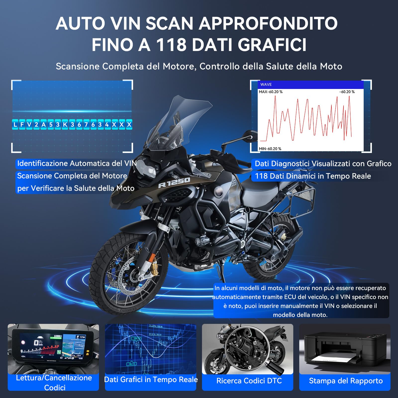 iCarsoft MT V6 per BM.W Moto, Strumento Diagnostico Bidirezionale, OBDII Lettore di Codice Tutti i Sistemi con 115+ Funzioni di Ripristino, Strumento di Scansione per Moto, Test Salute Batteria