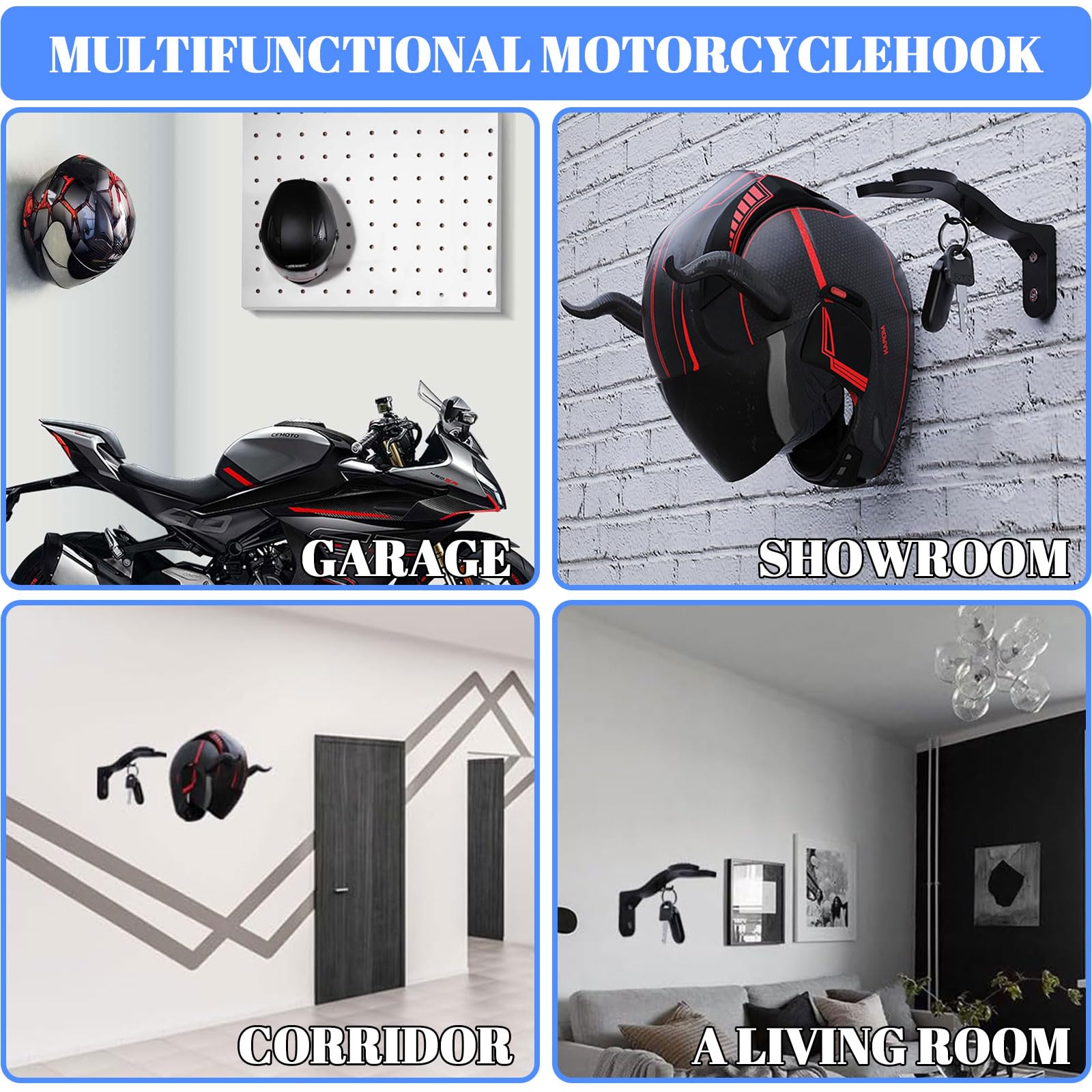 4 pezzi supporto da parete per casco da moto, supporto per casco con ganci, per appendere chiavi e casco da moto (nero)