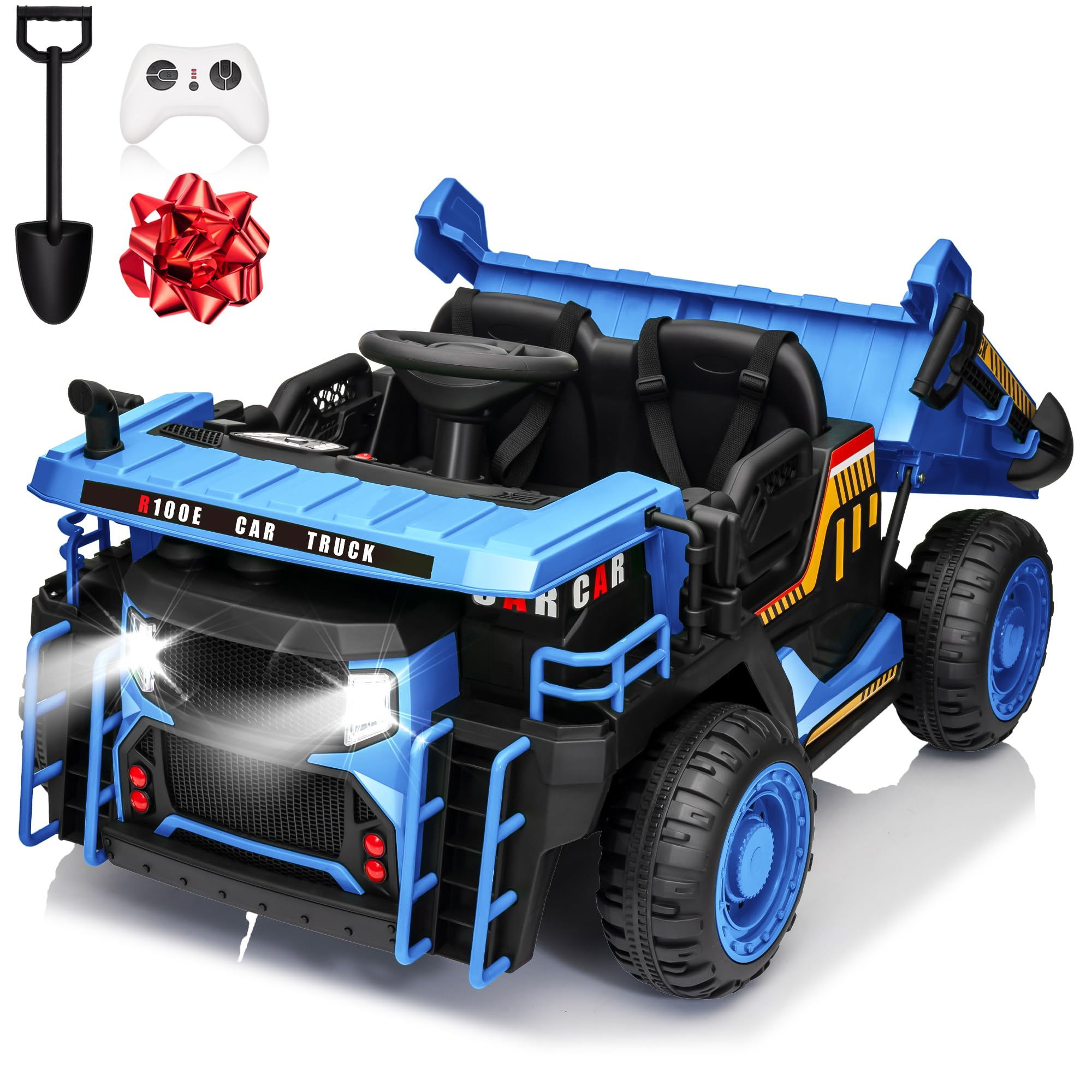 MOEYURO 24V Ride On Dump Truck, 2X200W Powerful Motors, 20" Spacious Two Seater Ride On Car w/Electric Dump Bed and Extra Shovel, Up to 4.9Mph, 110LBS