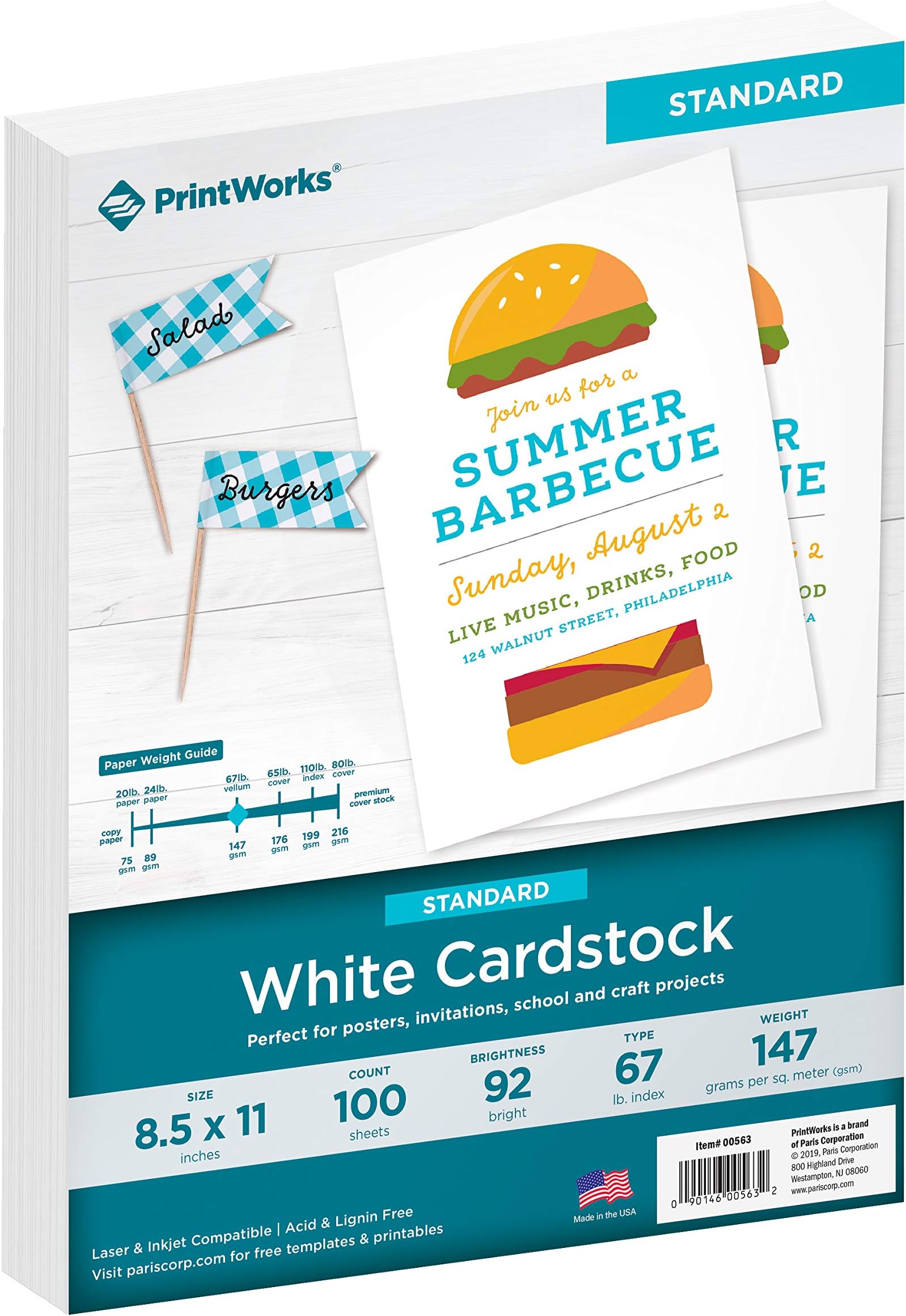 Printworks White Cardstock, Standard, 67 lb. Vellum, 92 Bright, 100 sheets, 8.5 x 11, For Office, Home & School Printing, Craft Projects (00563)