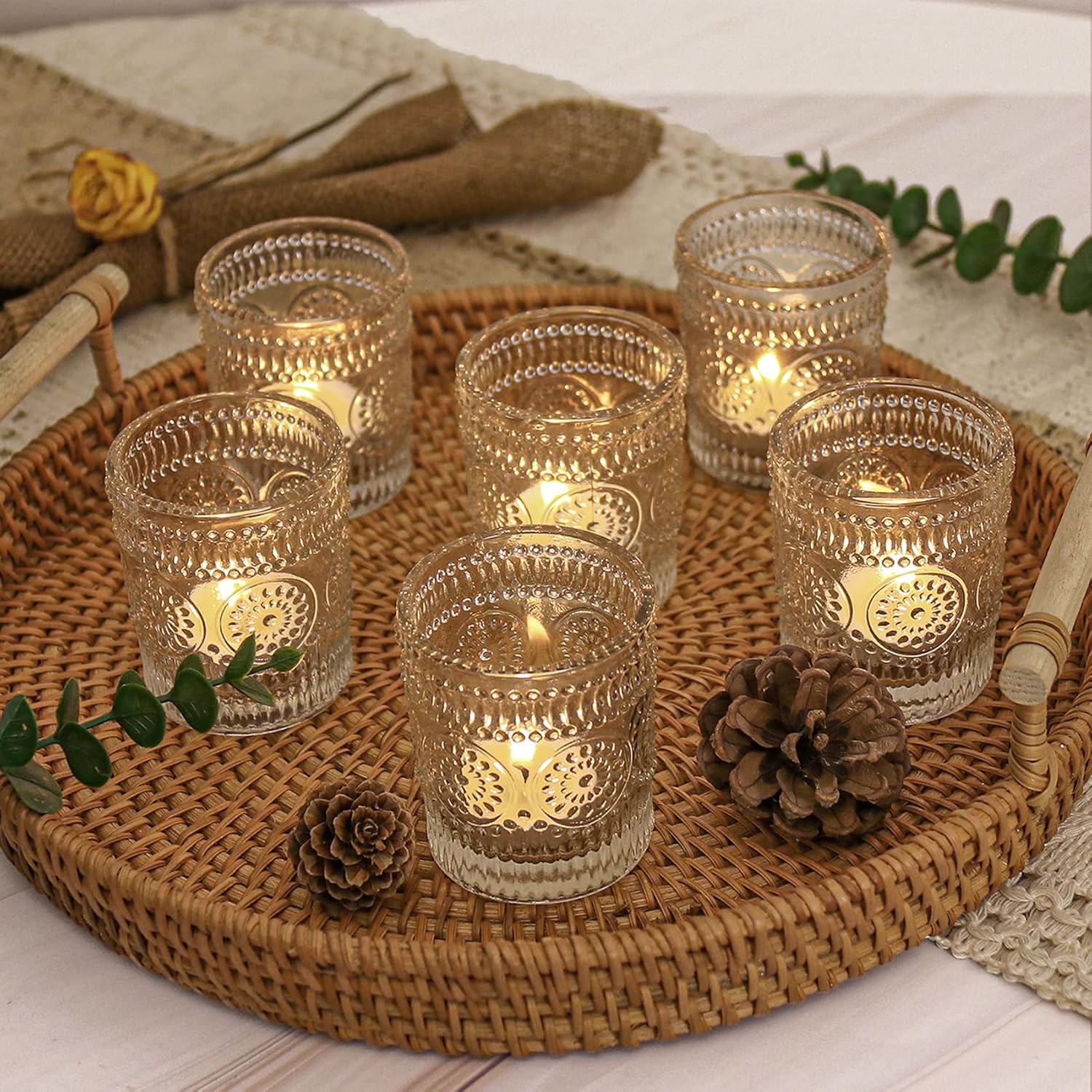 48 Pcs Clear Glass Votive Candle Holders, Tealight Candle Holders for Table Centerpieces, Vintage Candle Holder Bulk, Boho Wedding, Home, Bridal Shower, Birthday Party Table Decor (Clear)