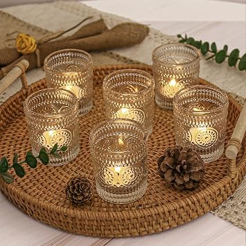 12 Pcs Clear Glass Votive Candle Holders, Tealight Candle Holders for Table Centerpieces, Vintage Candle Holder Bulk, Boho Wedding, Home, Bridal Shower, Birthday Party Table Decor Clear