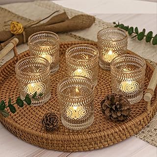 4 Pcs Clear Glass Votive Candle Holders, Tealight Candle Holders for Table Centerpieces, Vintage Candle Holder Bulk, Boho Wedding, Home, Bridal Shower, Birthday Party Table Decor (Clear)