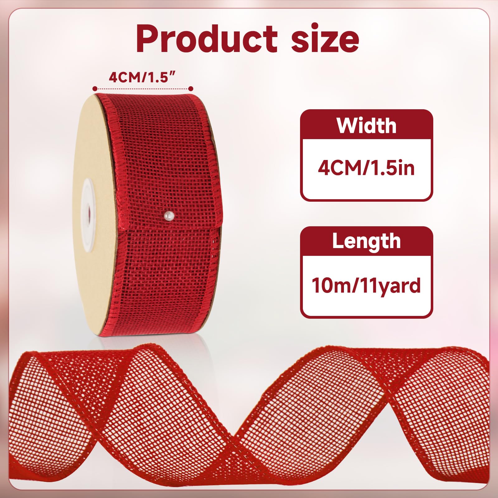KINGLAKE Burlap Ribbon, 10m Red Wired Jute Hessian Ribbon for Wreath Bows Making Gift Wrapping, Xmas, Wedding Decoration - Image 2