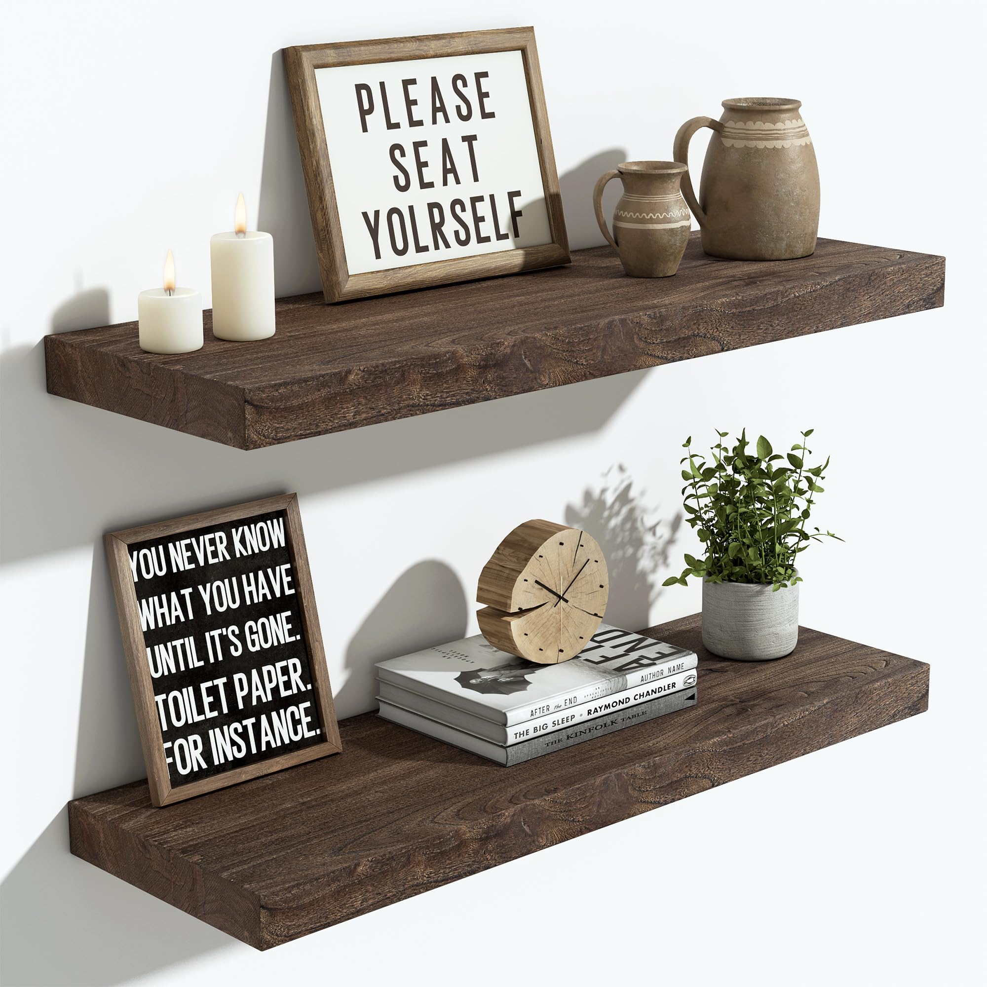 Vivelove Elm Floating Shelves for Wall Solid Wood, 24 Inches Long Rustic Wall Shelf With Invisible Bracket for Living Room Bedroom Bathroom Office