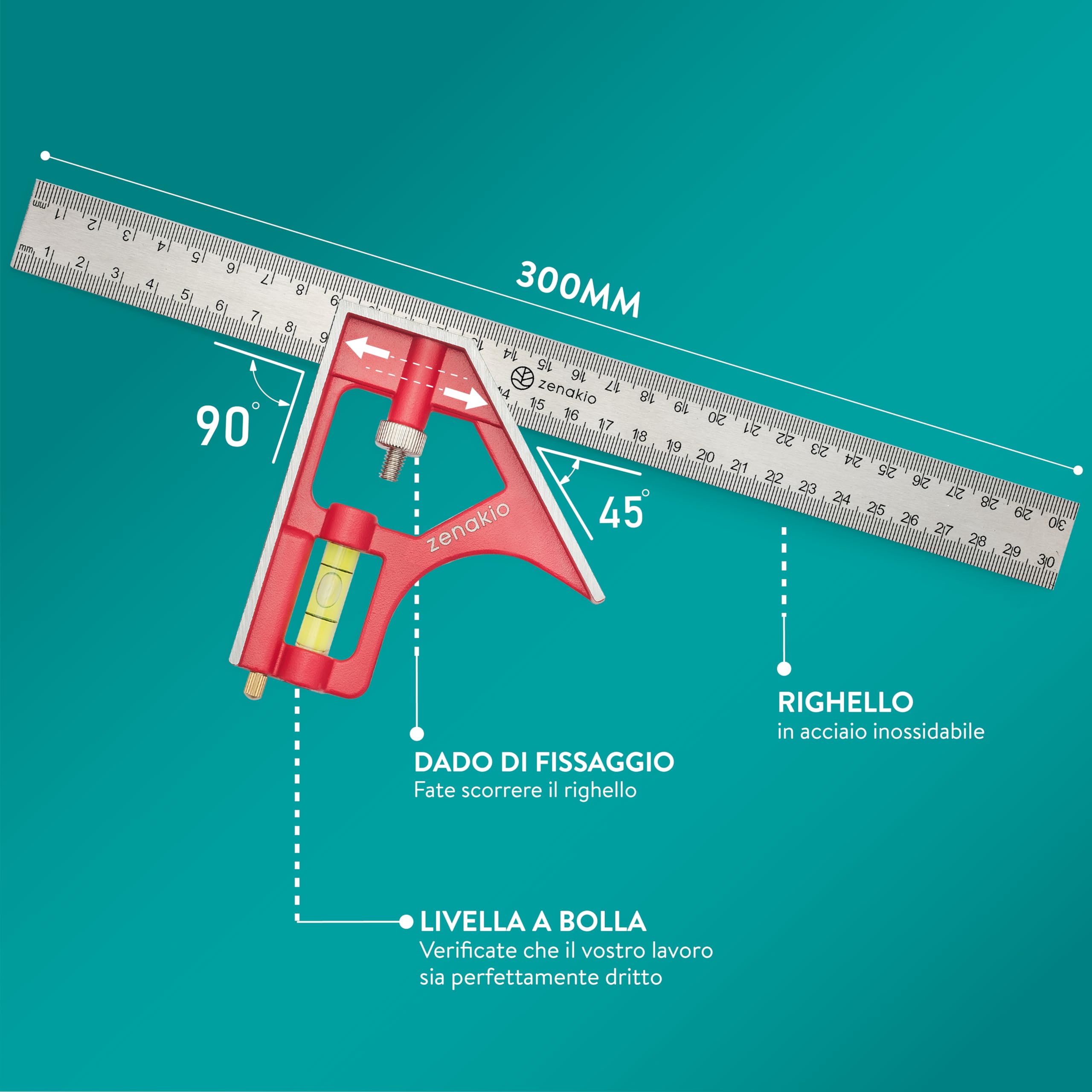 Squadra Combinata 30 cm - Misura e Marcatura Precise - Righello Angolare in Acciaio Inox - Ideale per Lavorare il Legno e il Metallo - Squadra Combinata Professionale Zenakio