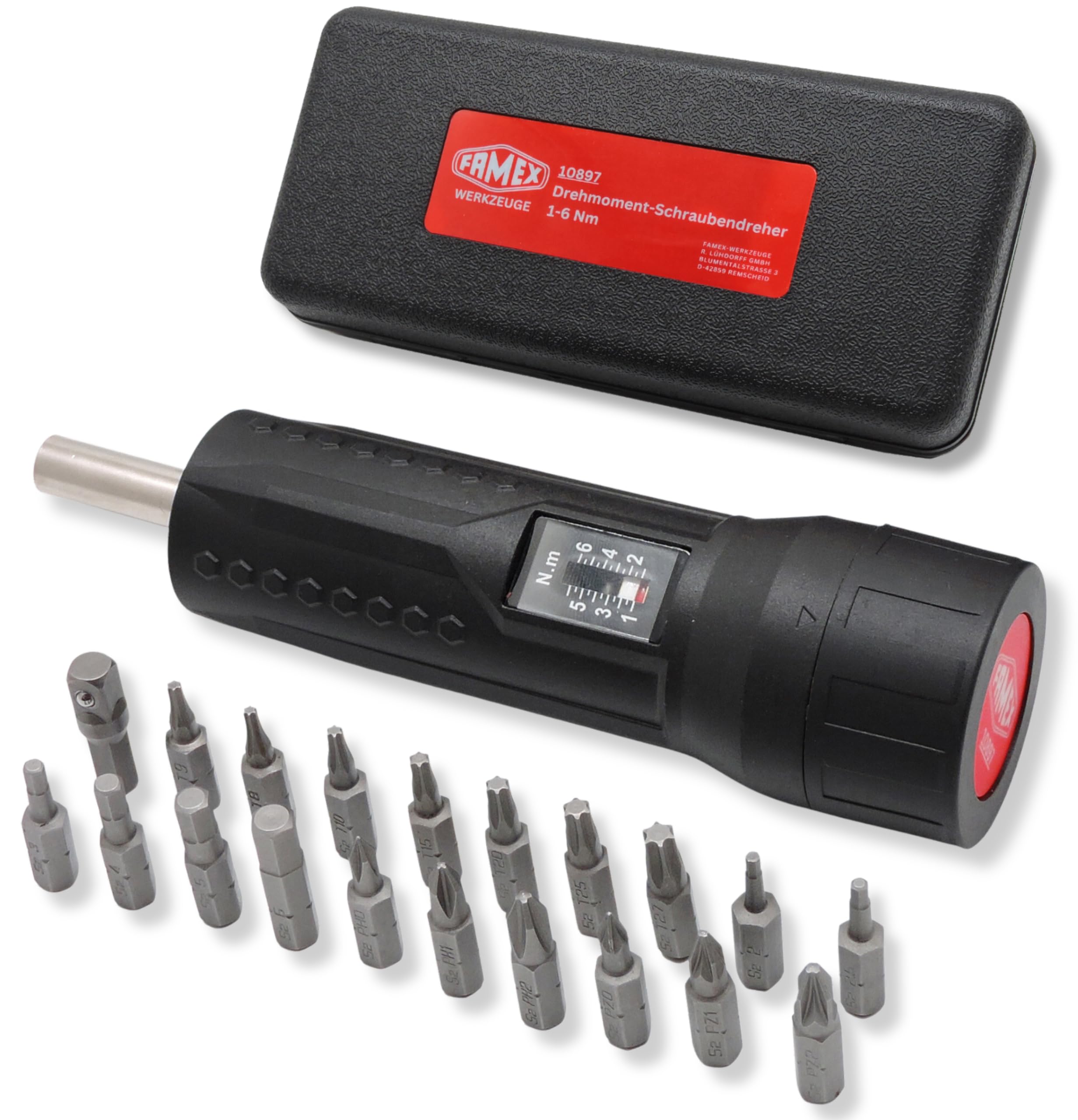 FAMEX 10897 Llave dinamométrica de 1/4 pulgadas (6,3 mm), destornillador dinamométrico, destornillador, rango de medición 1-6 Nm, con puntas de tornillo, sistema con disparador