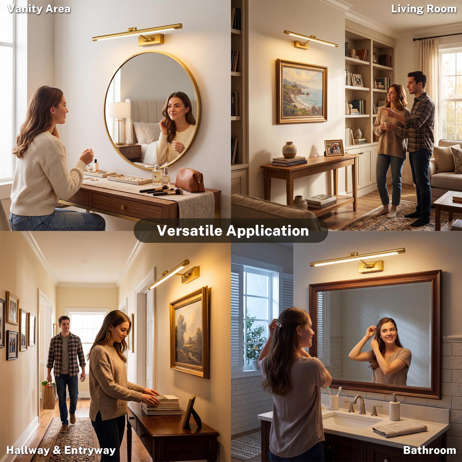 Lampada a LED per specchio da bagno, 3 temperature di colore, applique da parete sopra lo specchio, 60cm, 12 W, IP44, 650 lumen, oro, illuminazione moderna per specchio, lampada da parete per specchio