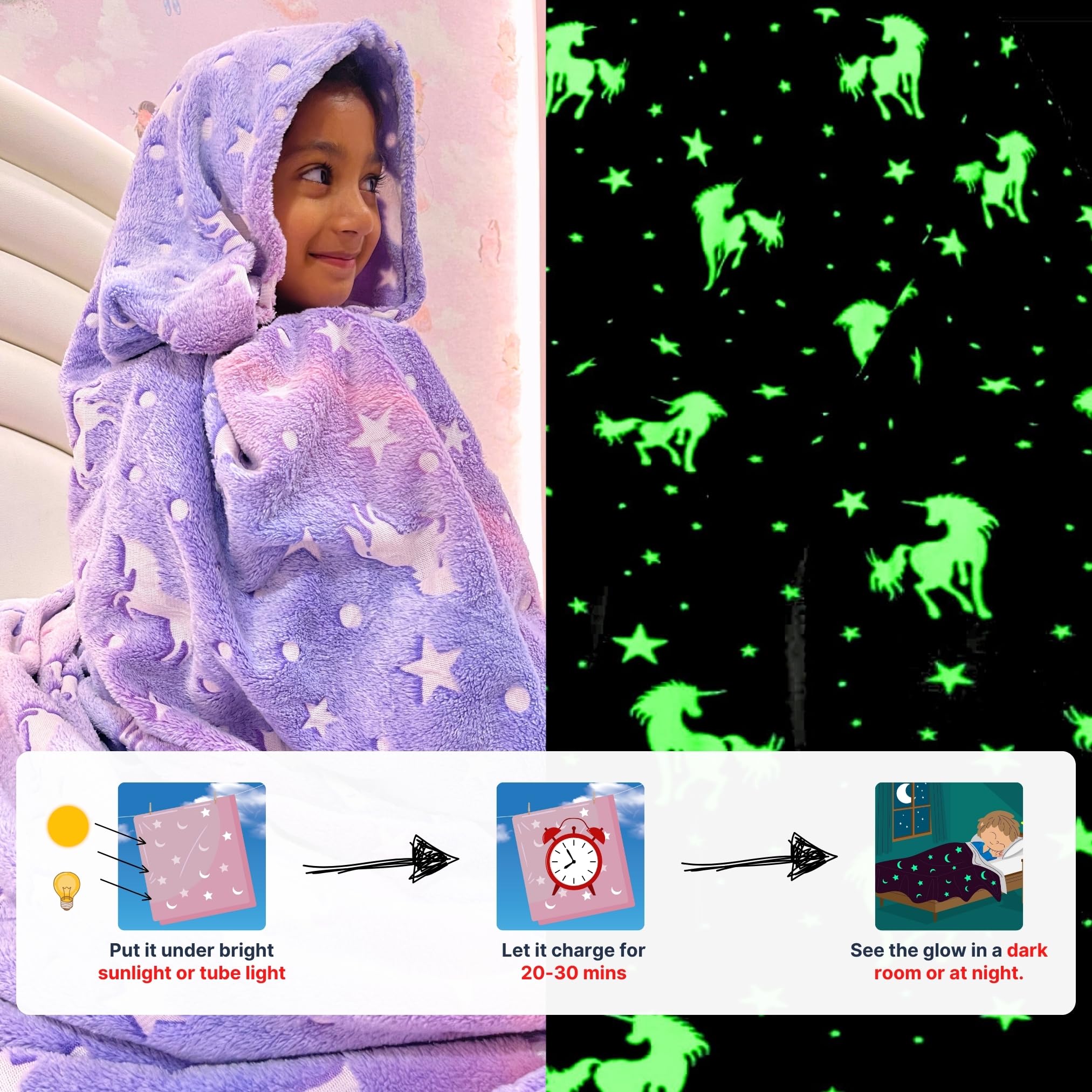 Famyo® Glow Blanket for Kids –Unicorn | Kids Blanket 0–15 Yrs | 200×152 cm Double Bed Blanket | Soft Flannel Blankets for Winter | Lab-Tested & Safe, (Purple) 2