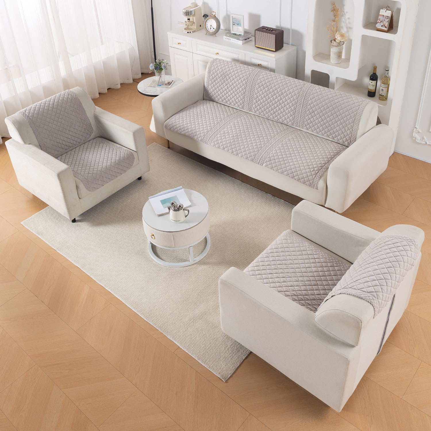 HOKIPO 'Diamond Stitch' Quilted Sofa Cover 5 Seater Set – Washable 3+1+1 Sofa Cover for Seat & Back, Light Grey (IN-978-LGRY*2 + IN-976-LGRY*4)-image-8