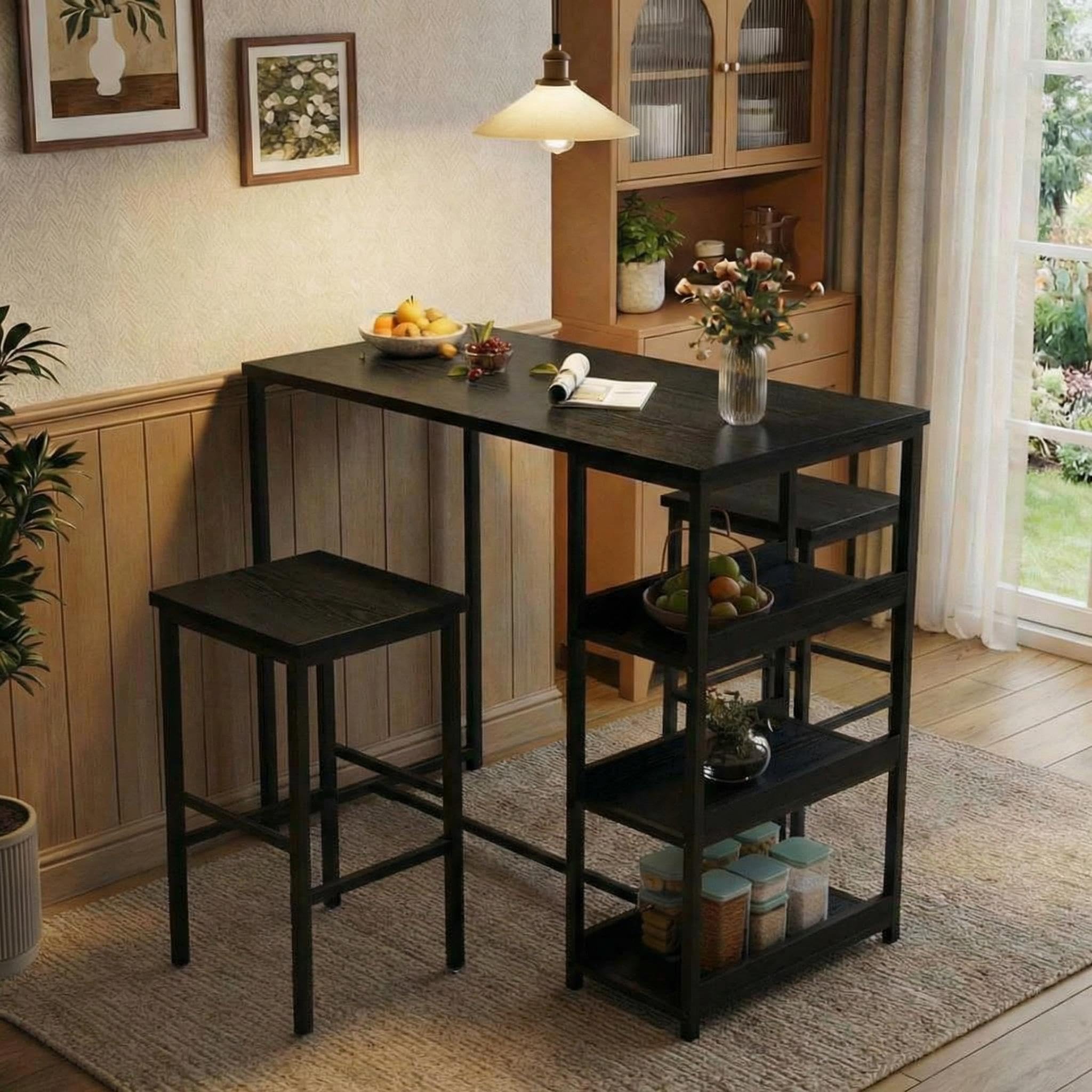Garvee Bar Tisch Und Stühle Set, Rechteckiger Pub Tisch Mit 2 Hockern Für Kleinen Platz, High Top Tisch, 3-Teilige Frühstück Hocker Set, Robuster Metallrahmen, Einfach Zu Montieren,Schwarz