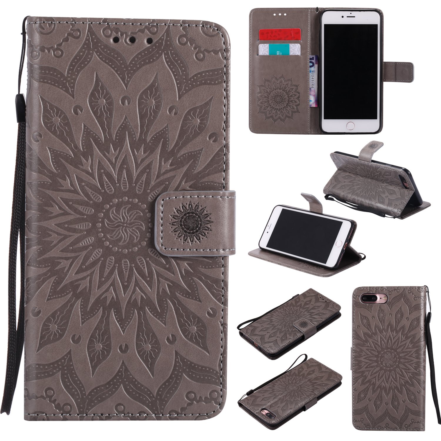 iPhone 8 Plus Case, Binguowang PU Leather Flip Wallet Case Emboss Sun Flower Pattern Folio Magnetic Protective Cover Case with Card Slots for Apple iPhone 8 Plus 2017/iPhone 7 Plus 2016. (Gray)