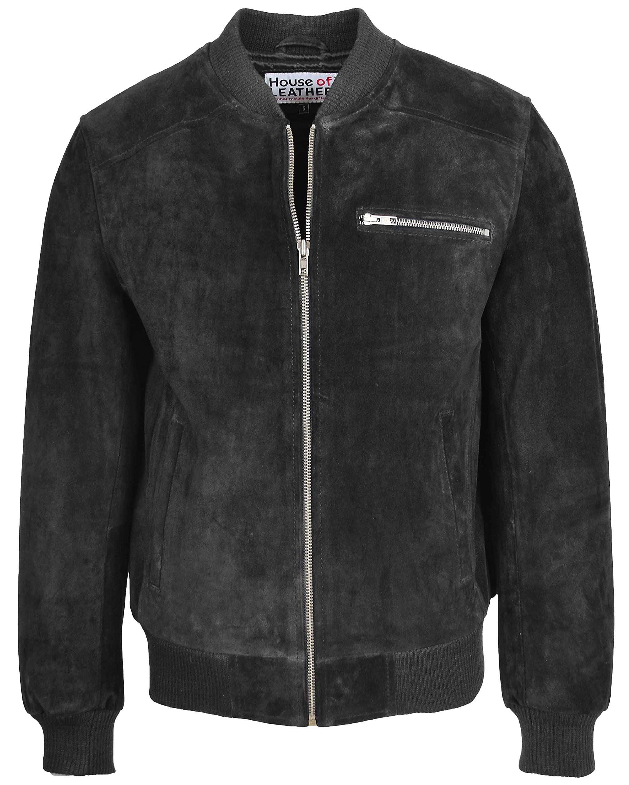 House Of Leather Men's Black Real Suede Bomber Jacket Baseball Varsity Style Reg (3Xl, )