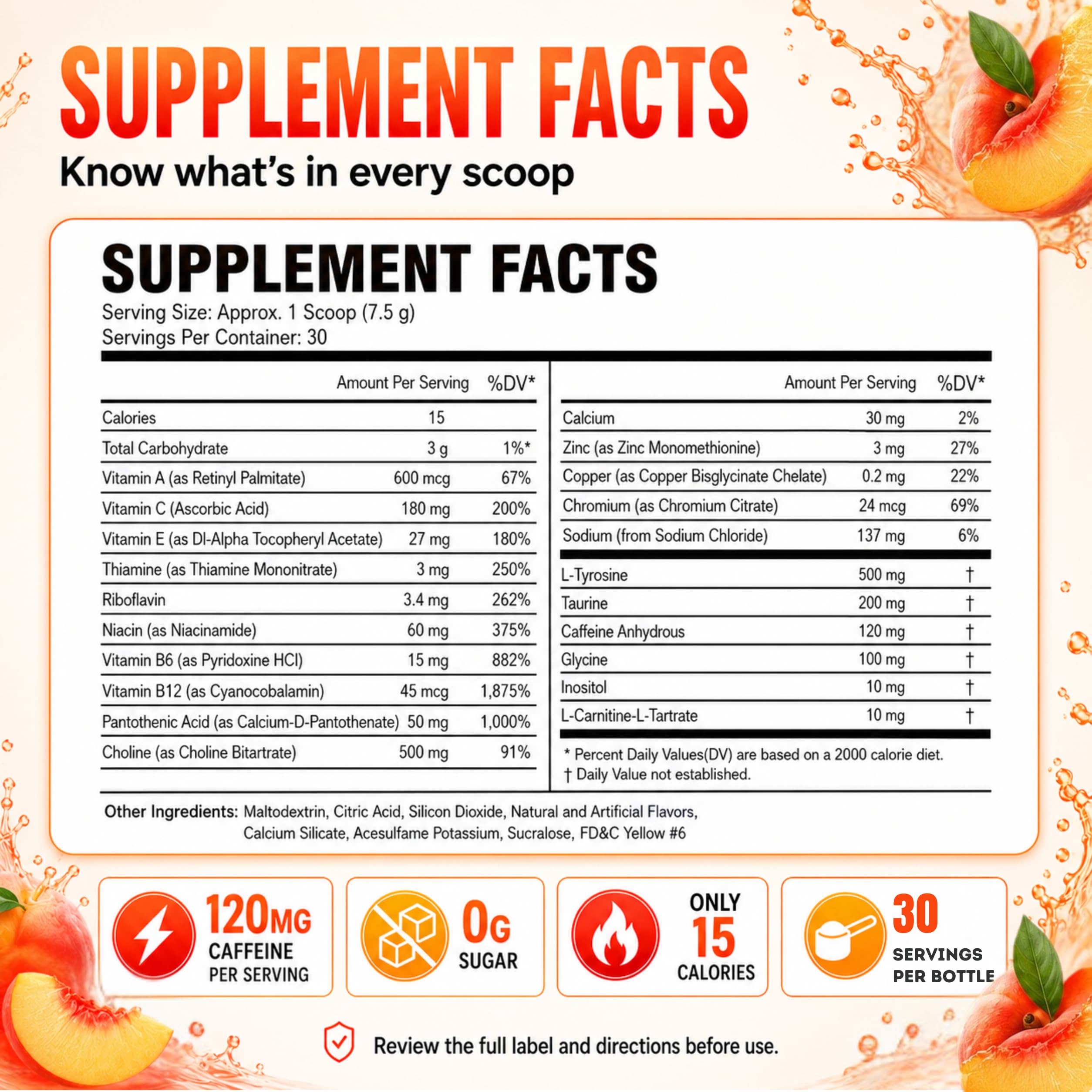 Sugar Free Energy Drink Powder - 18 Vitamins & Minerals, Peach Rita Flavor — Amazon image 2