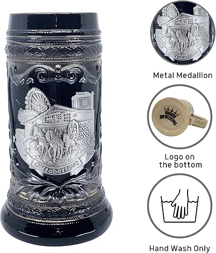 Miniatura 2 de OktoberfestHaus Oktoberfest Stein Bier Krug - Jarra de cerámica negra de carbón con medallón de metal de caballos de tiro alemanes y Wagon