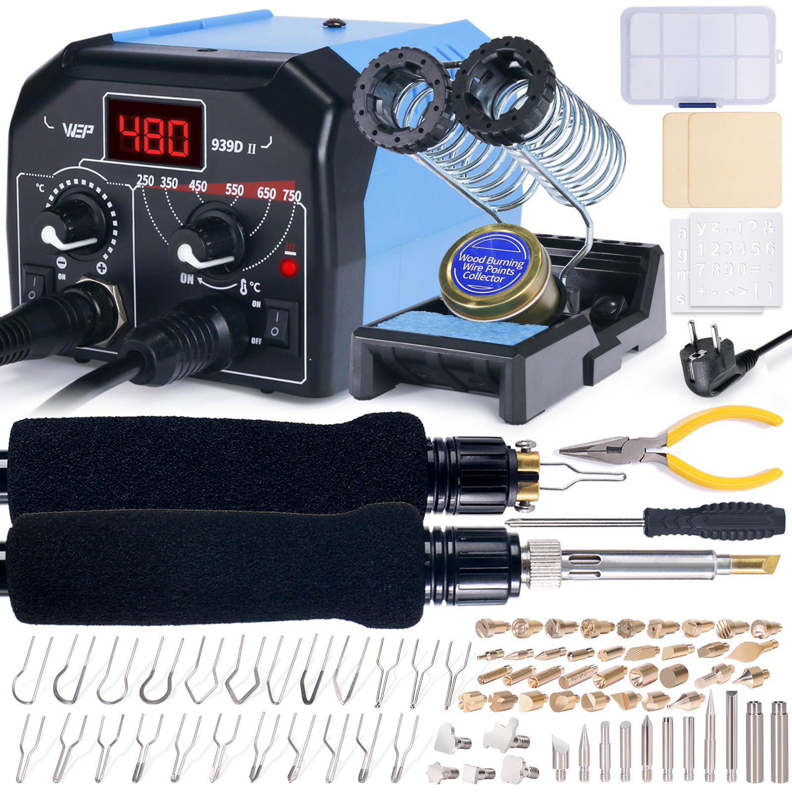 WEP 939D-II Kit pirografo per legno 2-in-1 86-in-1 con 51 punte, 23 a filo, 2 penne, stencil, legno grezzo. Pirografo professionale, kit di pirografo per legno, ideale per fare le penne (Spina UE)