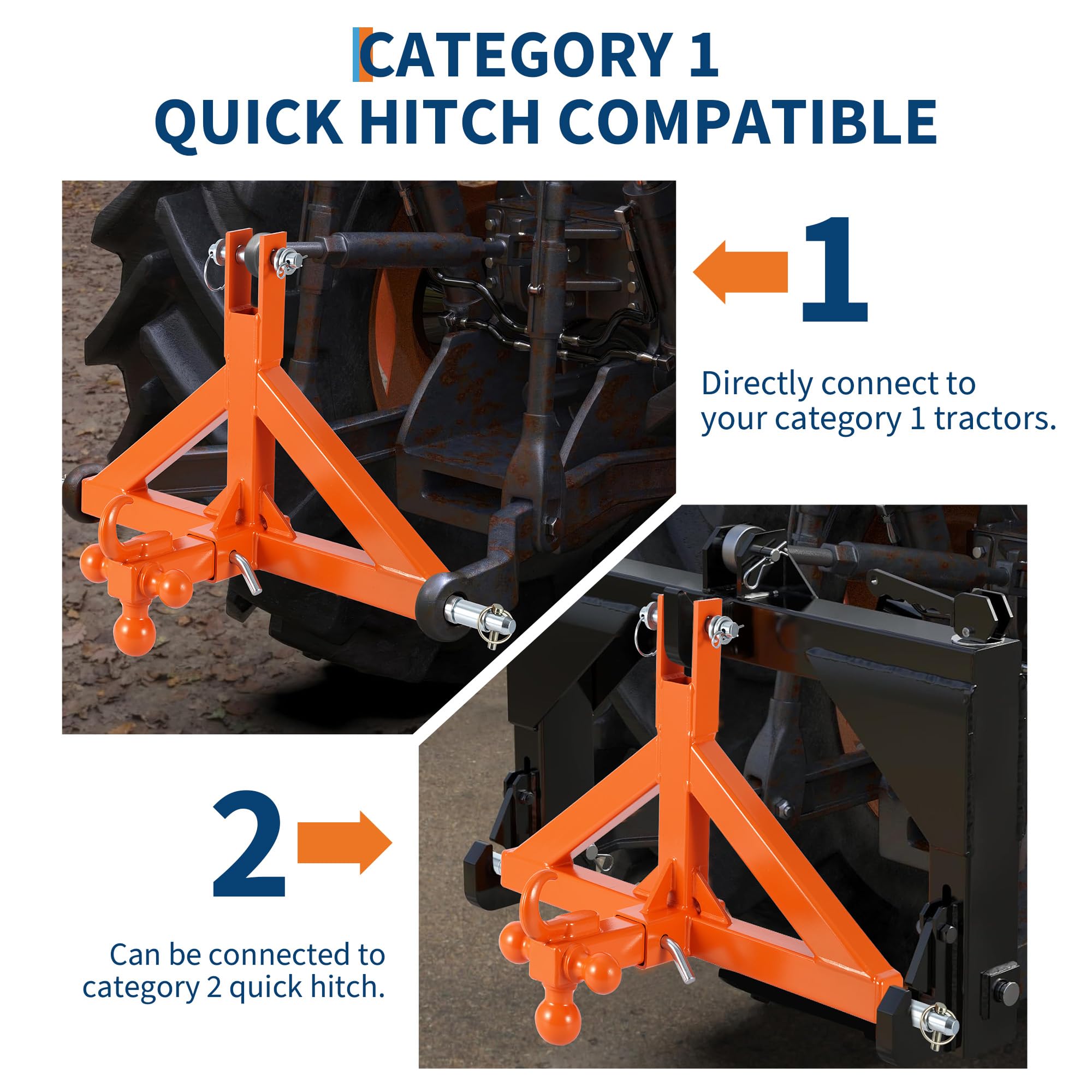 Robustesse et installation rapide – Attelage 3 points renforcé pour tracteur catégorie 1 & 2 – Adaptateur barre de remorquage avec récepteur 5,08 cm et crochet de traction – Capacité 4535 kg,