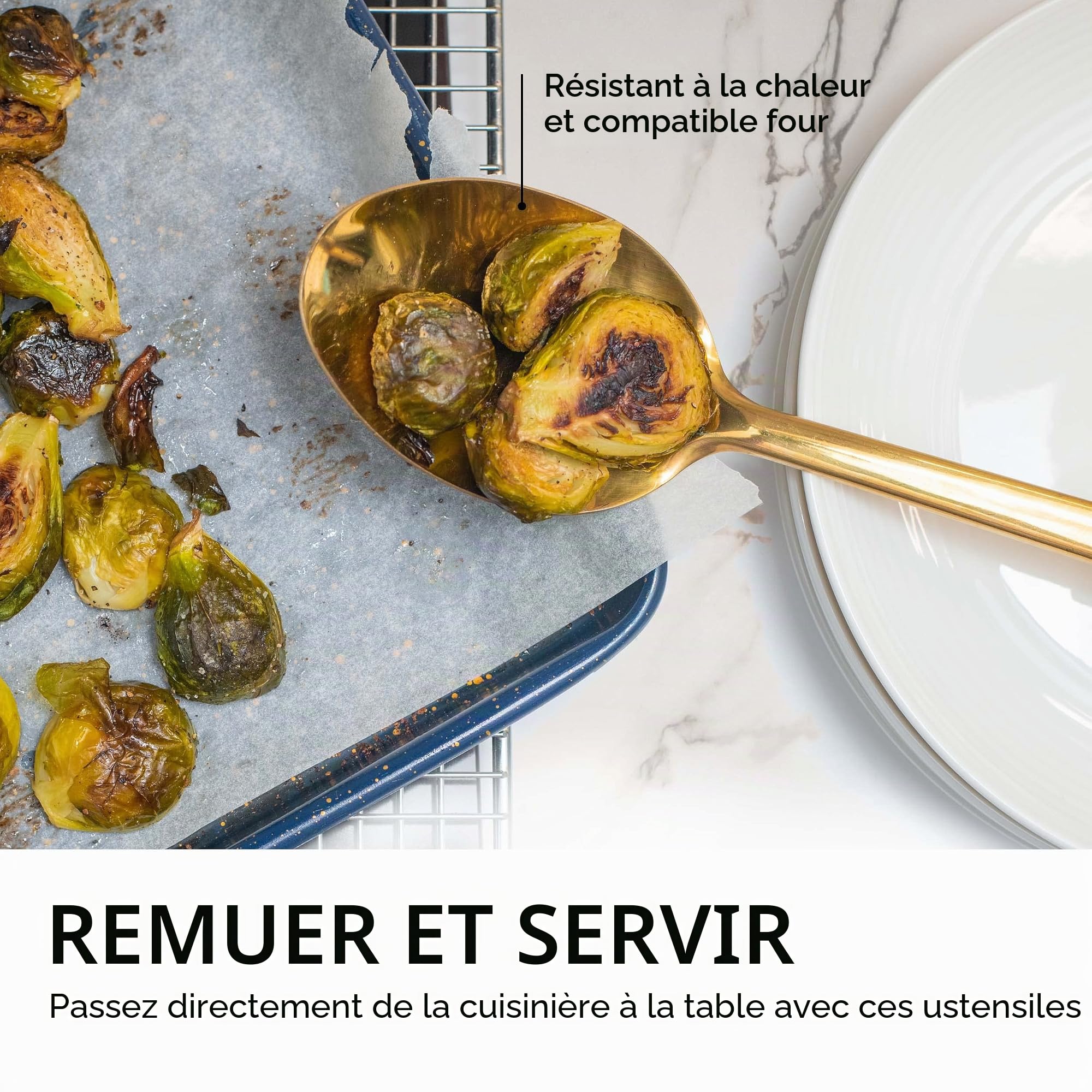 Ensemble d’ustensiles de cuisine dorés – 5 pièces en acier inoxydable pour cuisiner et servir, incluant louche, cuillère, spatule et fourchette à pâtes – Accessoires de cuisine luxe