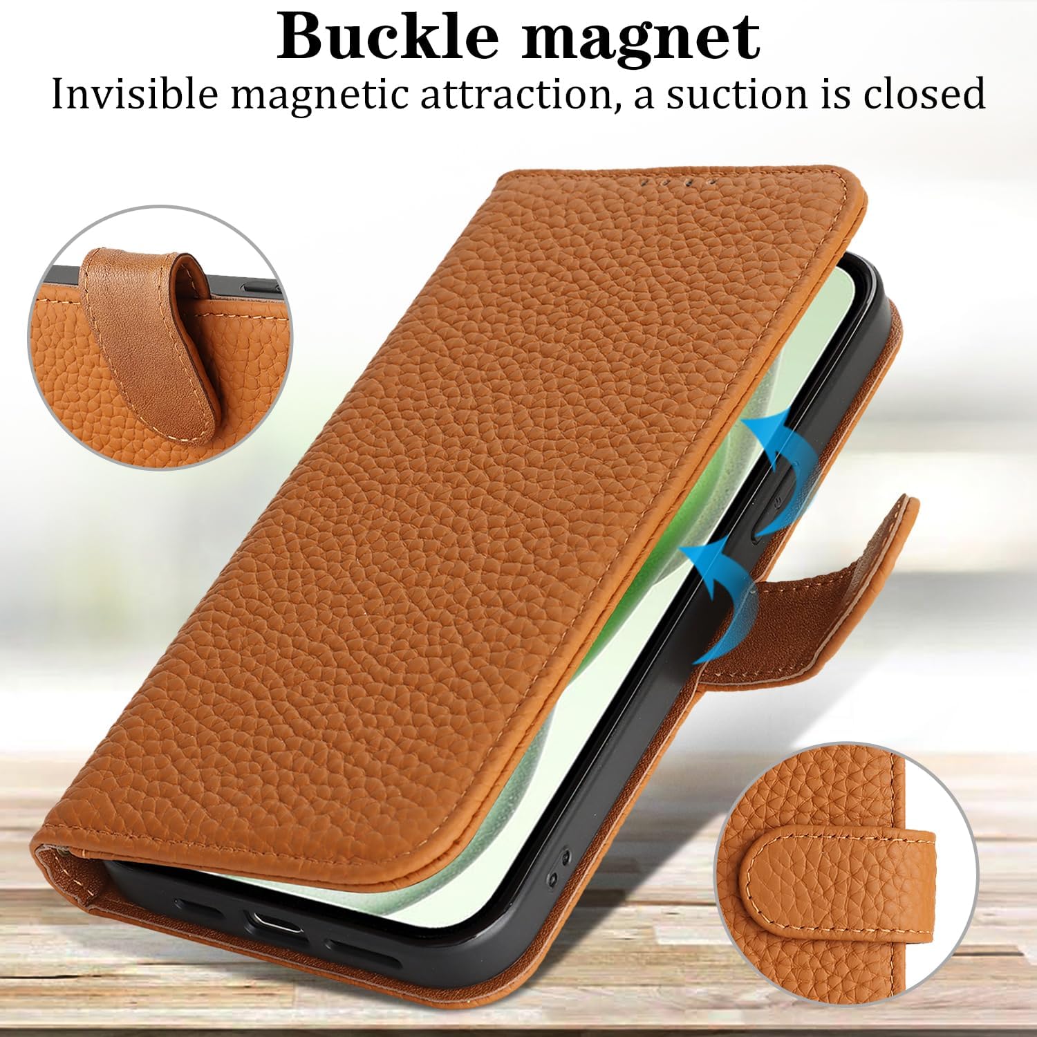 Zouzt Case for iPhone 15 Plus/14 Plus 6.7" Genuine Leather Wallet Case with 4 Card Slot, RFID Blocking Magnetic Flip Folio Shockproof Phone Cover Women Men for iPhone 15 Plus/14 Plus - Amber